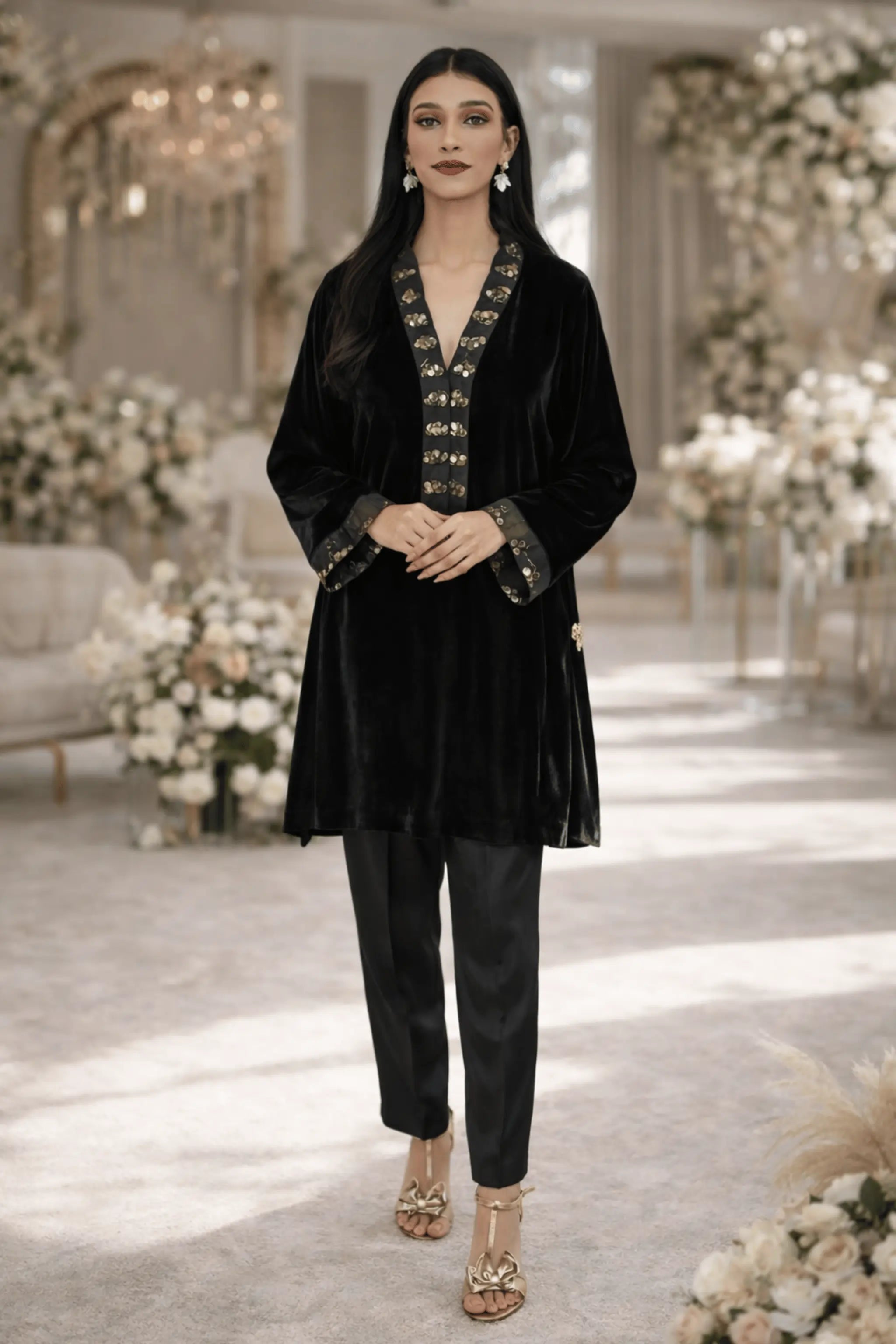 Black Opulence – Velvet Semi-Formal Dress with Gold Embellishments