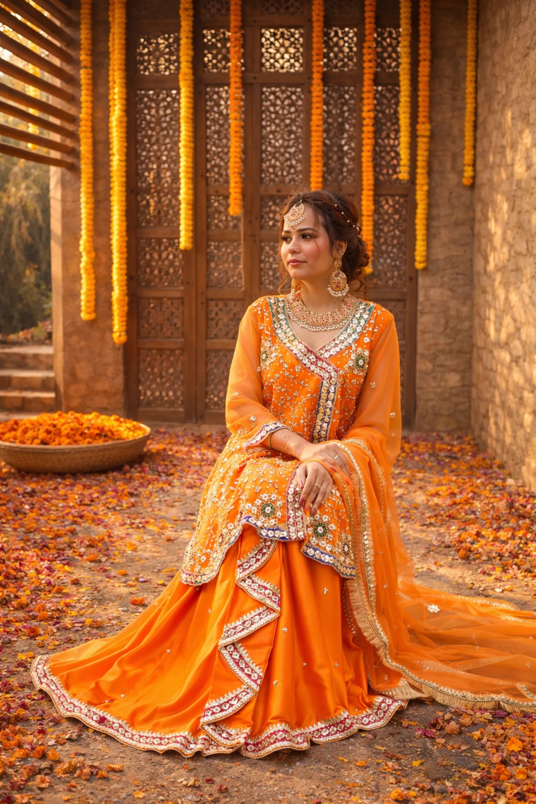 Amber Dusk wedding dress front view featuring embellished organza shirt with gotta work and silk loungi