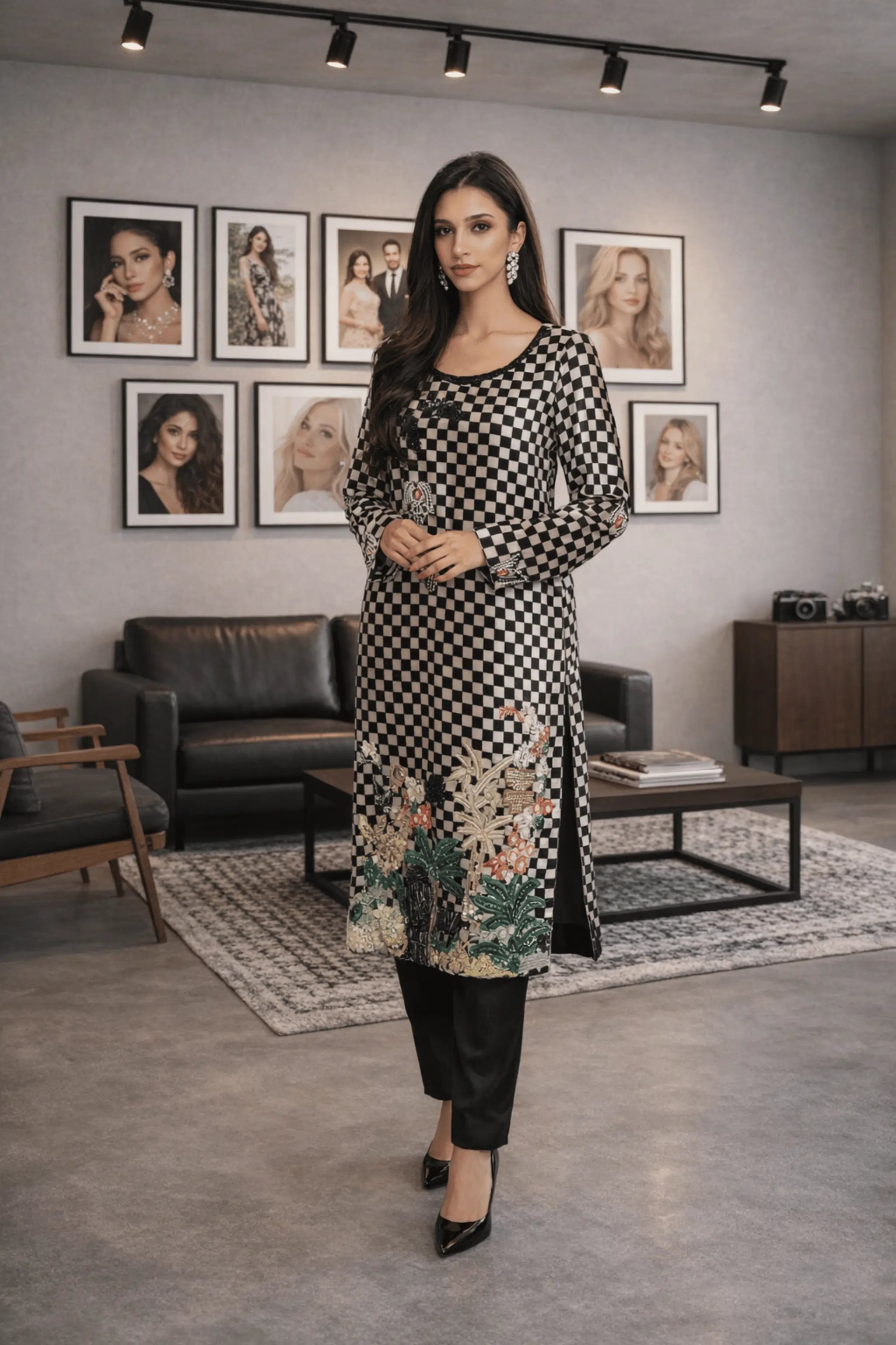 Black and ivory checkered velvet long shirt with handcrafted embroidery paired with black raw silk trousers