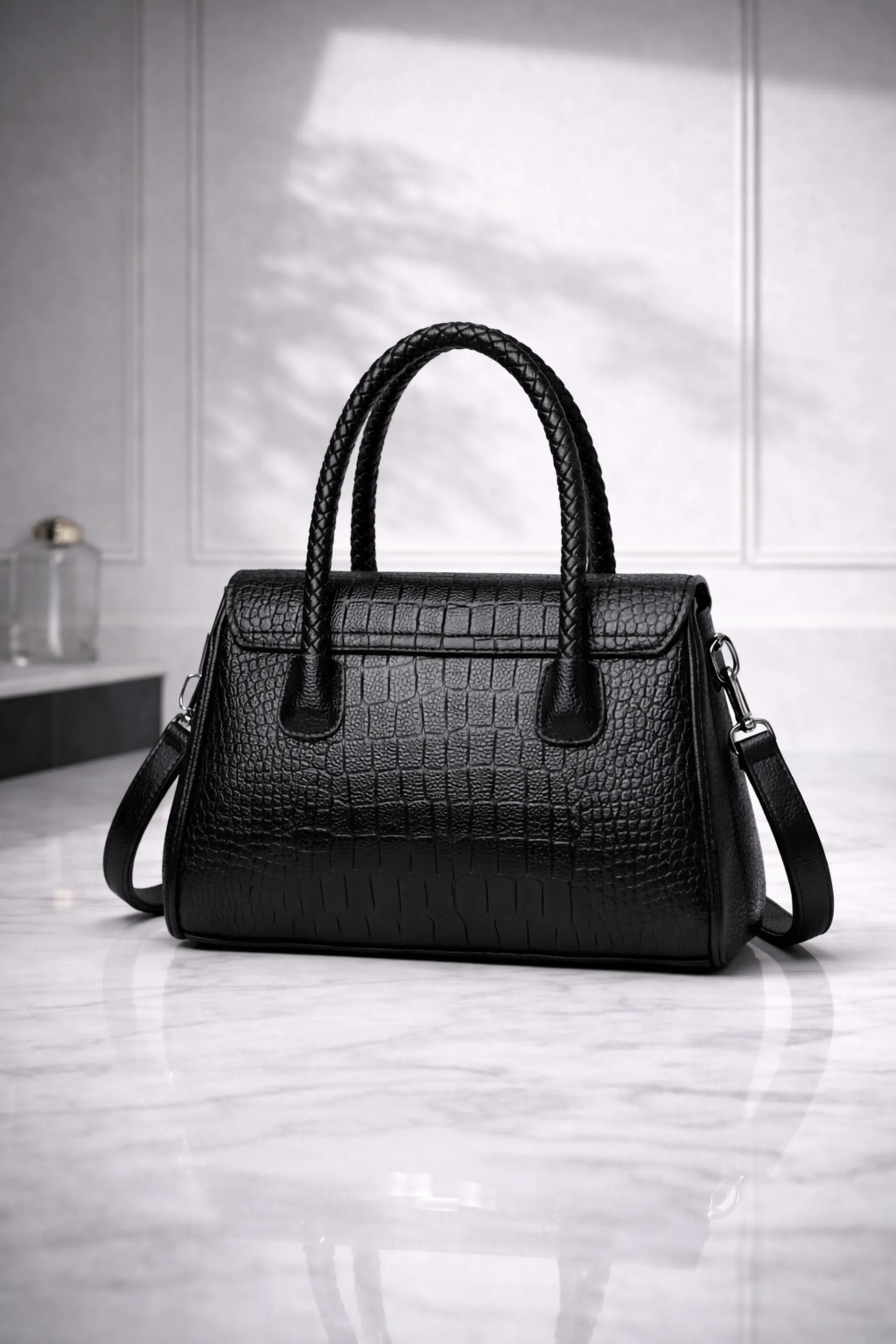 Rivage - Croc Embossed Black Bag