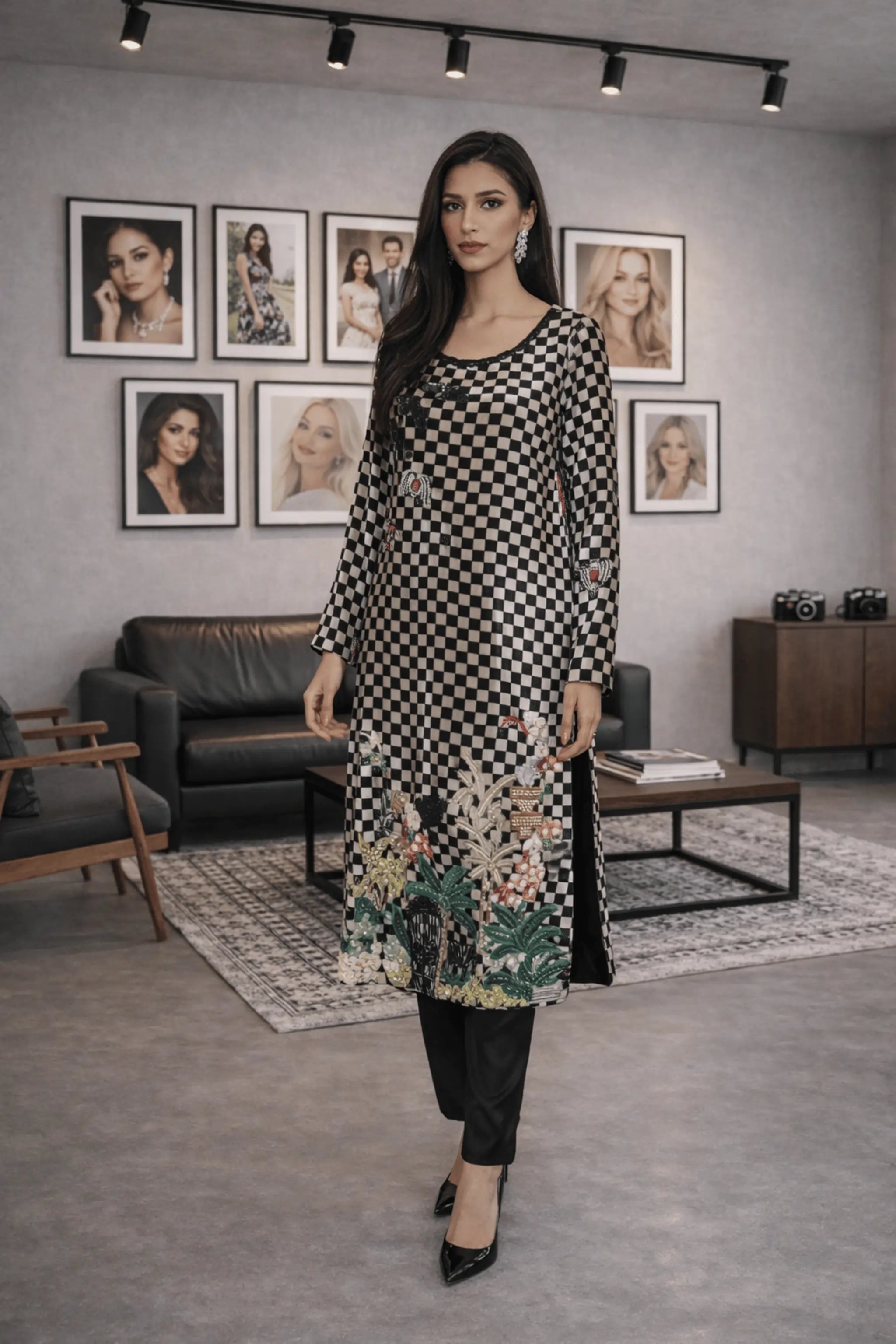 Close-up of velvet checkered shirt neckline with black bead embroidery detailing