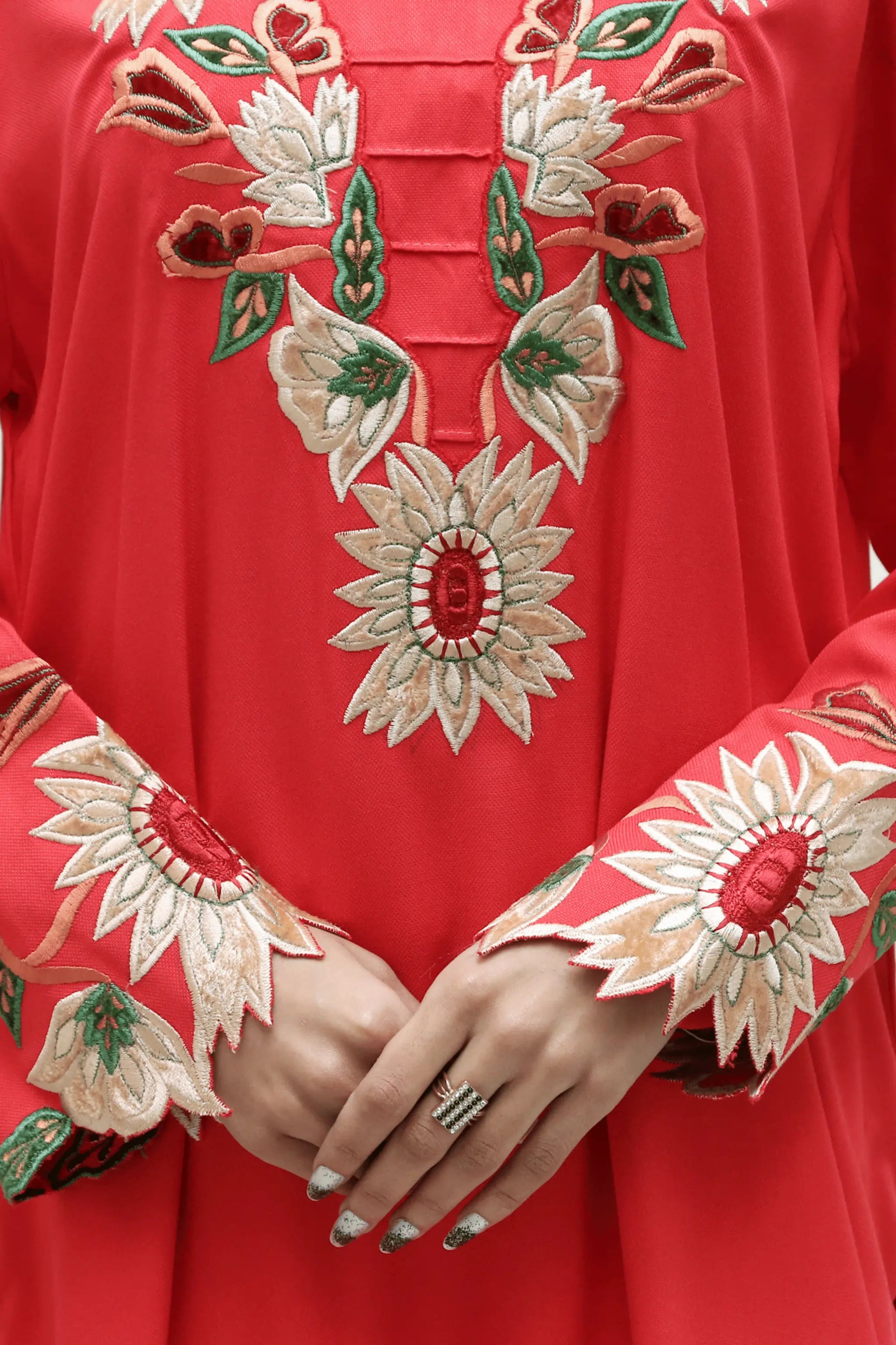 Detailed embroidery on sleeves with velvet appliqué