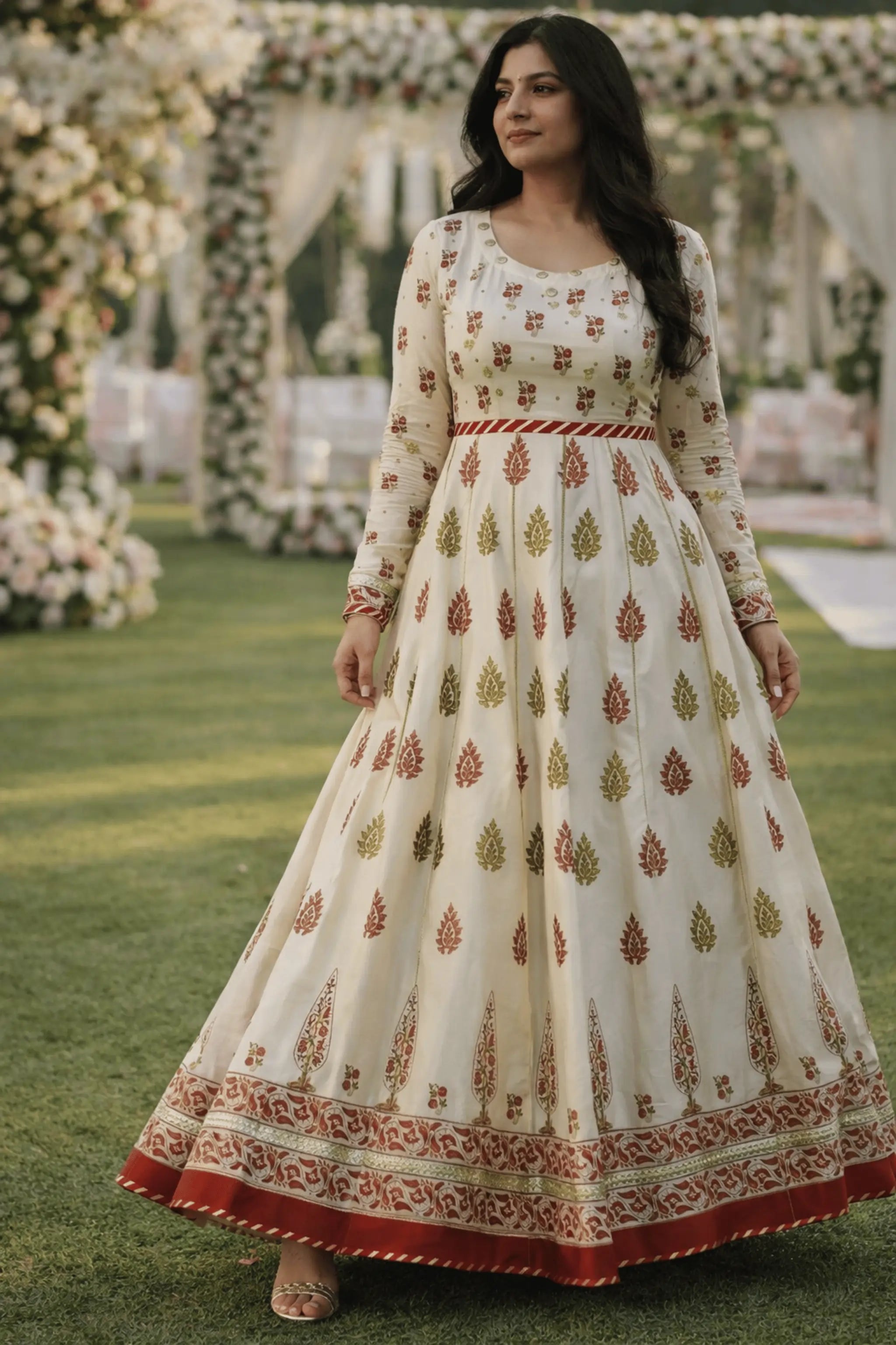 Gulzaar – off-white & red flared frock with organza dupatta — front view