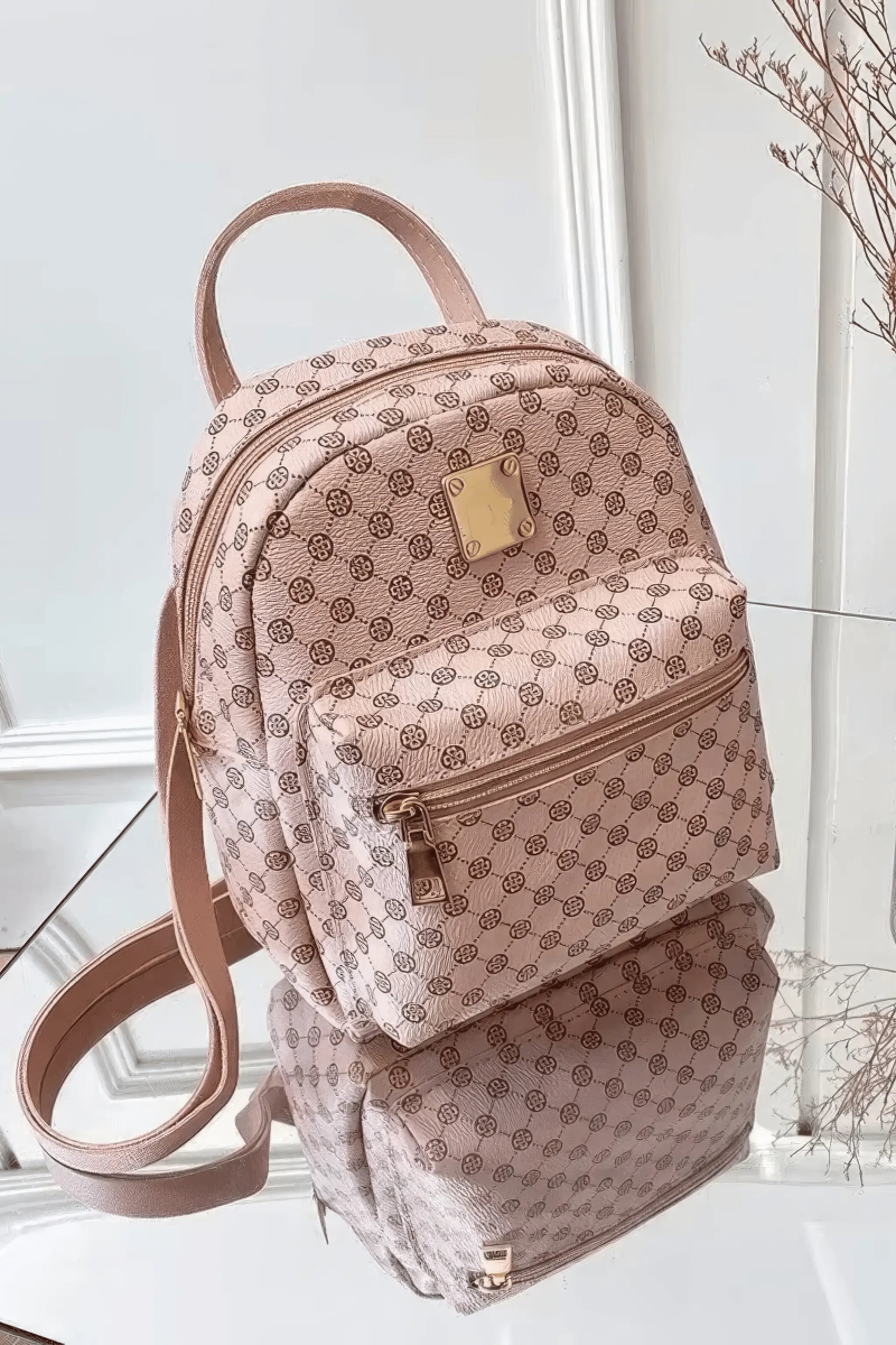 AOI LIBAS blush pink designer backpack with gold zipper and patterned finish – women’s fashion bag