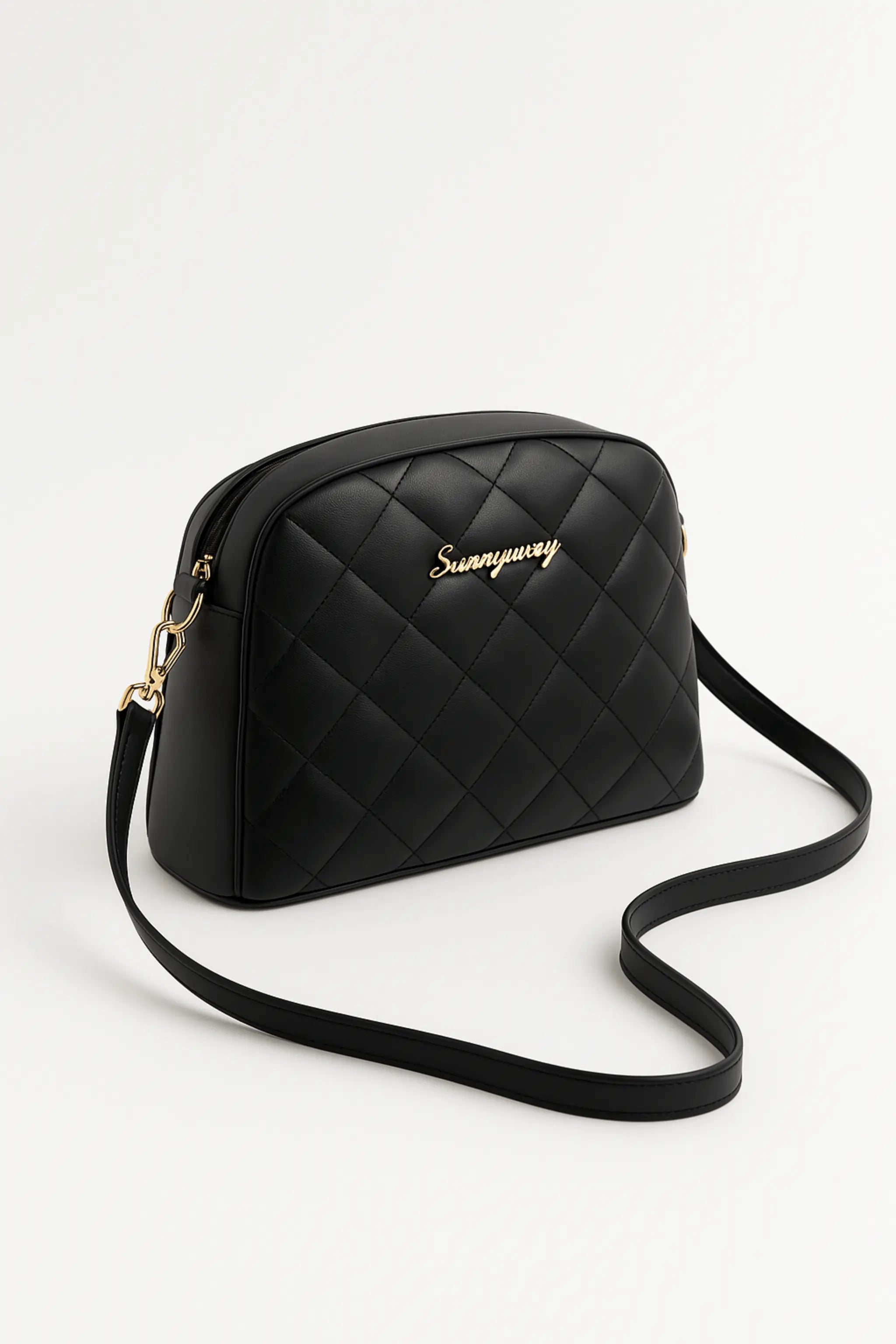 AOI LIBAS black quilted camera bag – front view with gold logo