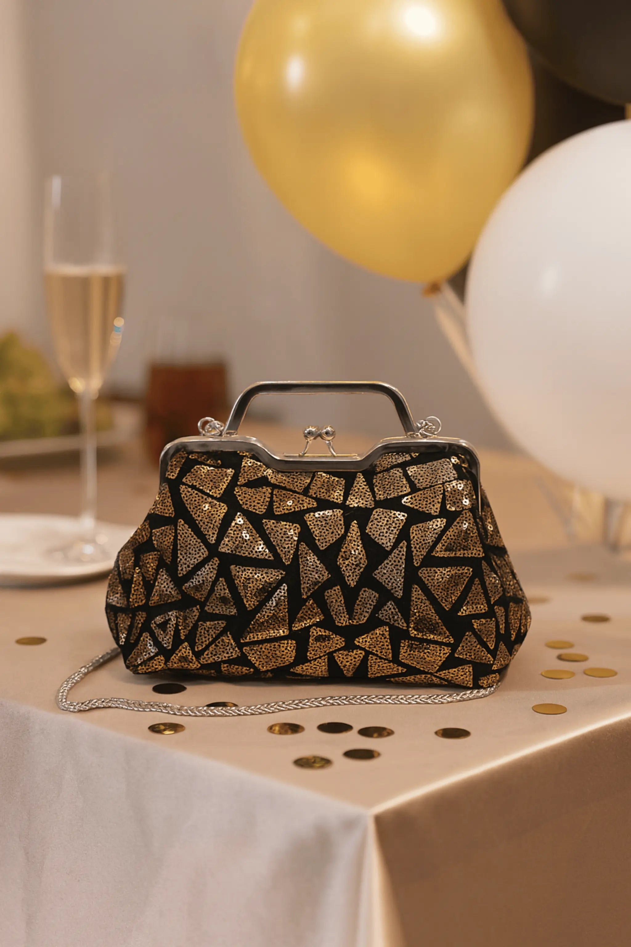 Elegant Black Satin Crossbody Bag with Gold Sequins – Party Purse