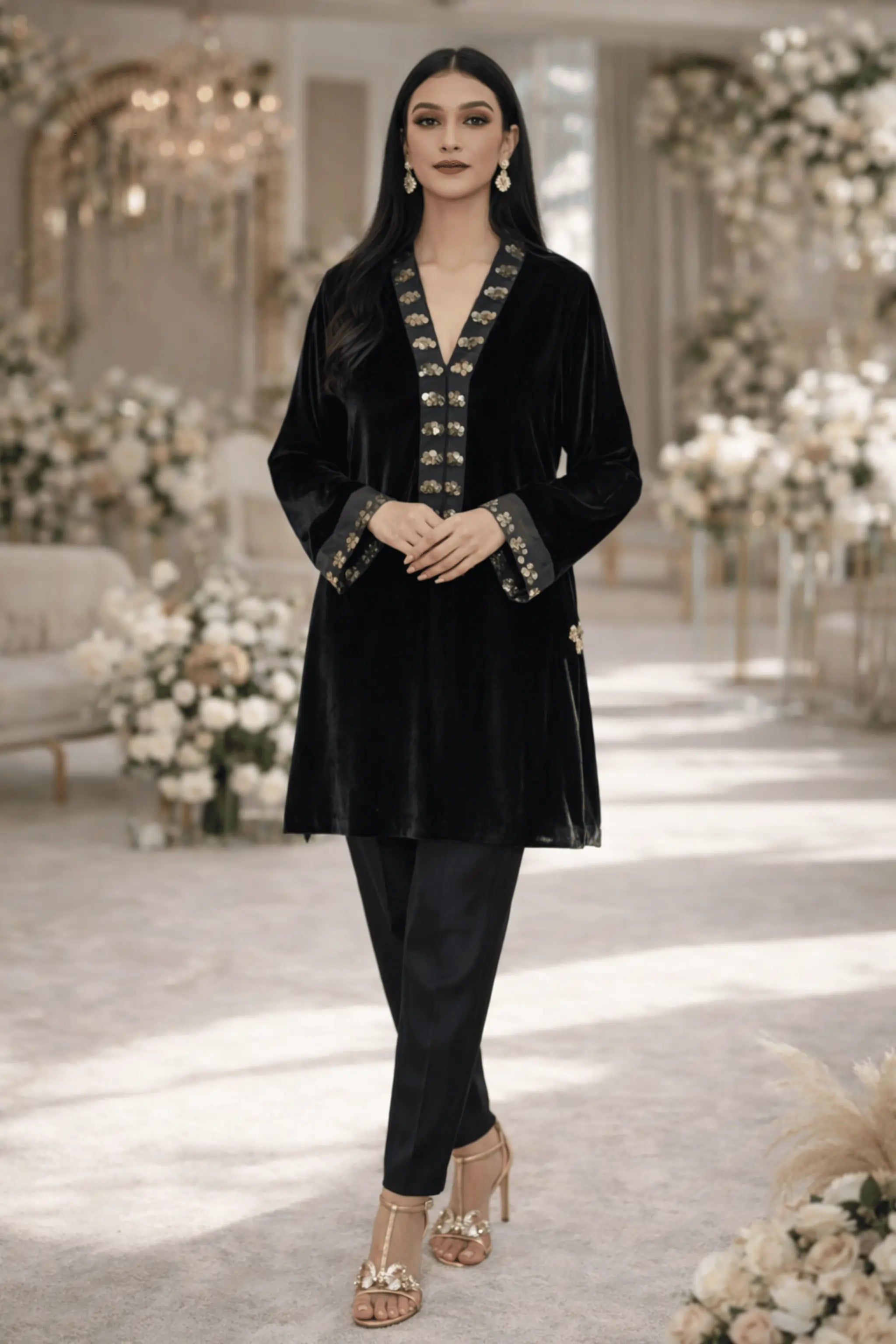 Black Opulence – Velvet Semi-Formal Dress with Gold Embellishments