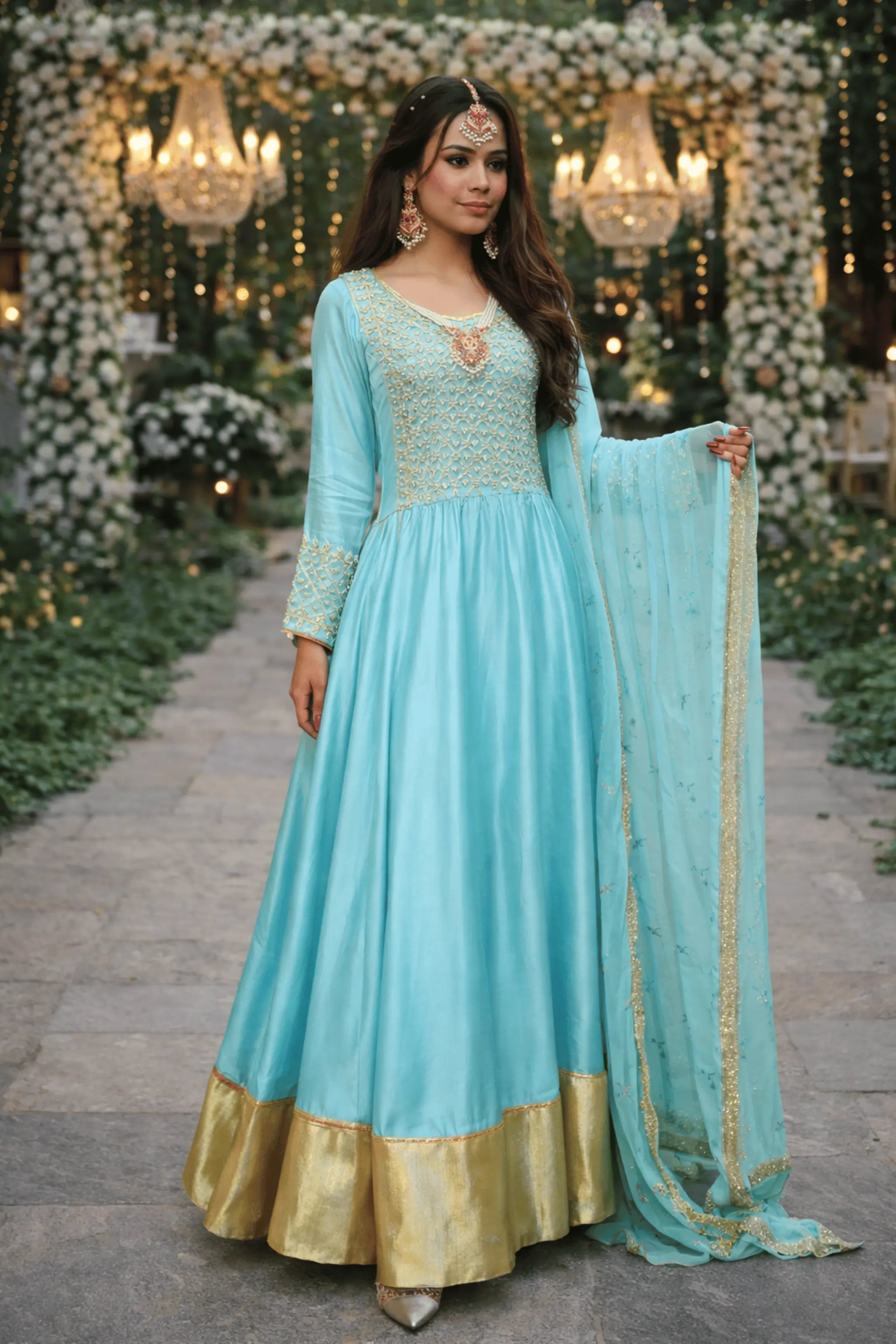 Ayla Azure embroidered premium grip frock front view with pearl tilla work