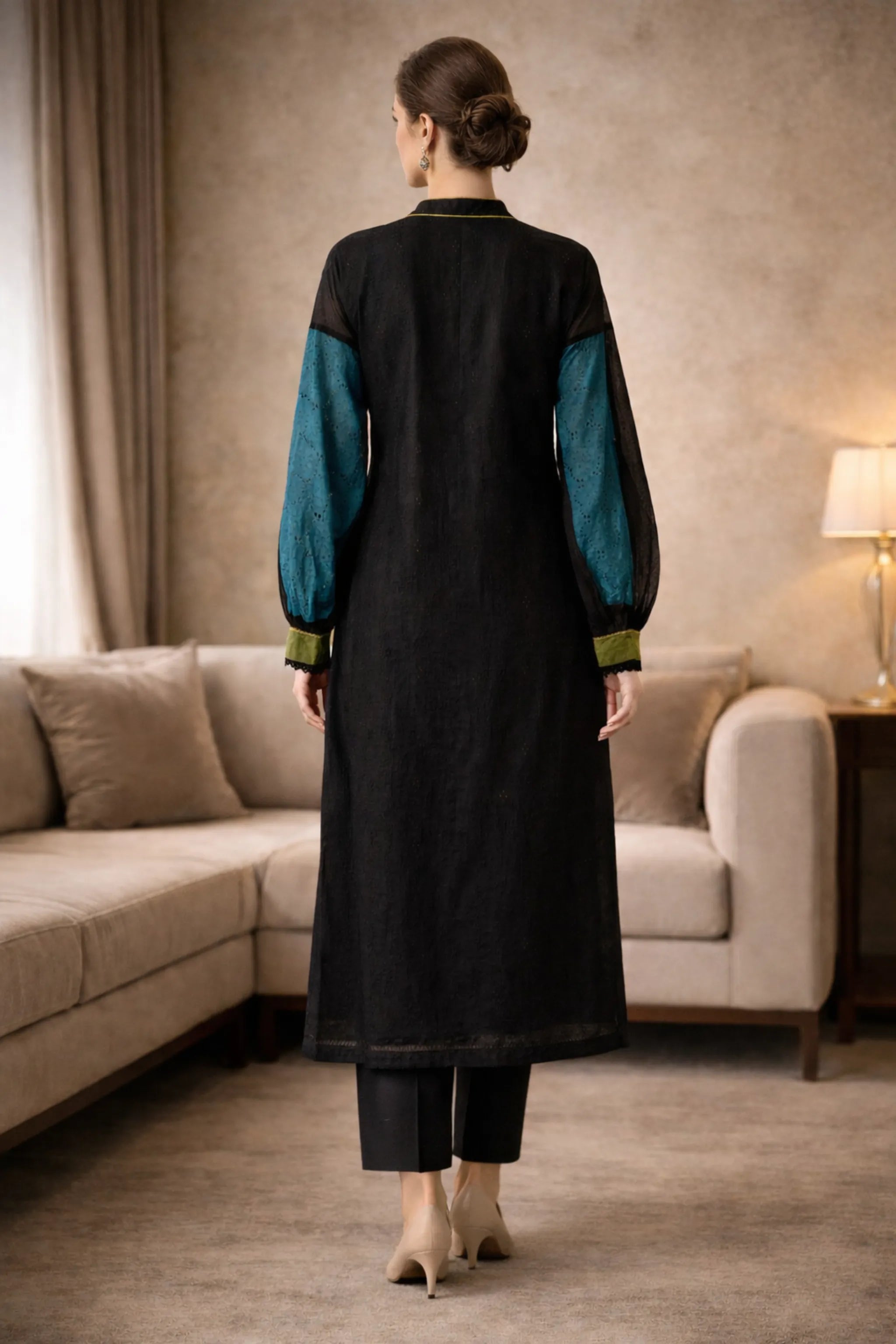 Black & Teal Chickenkari Shirt with floral bird embroidery