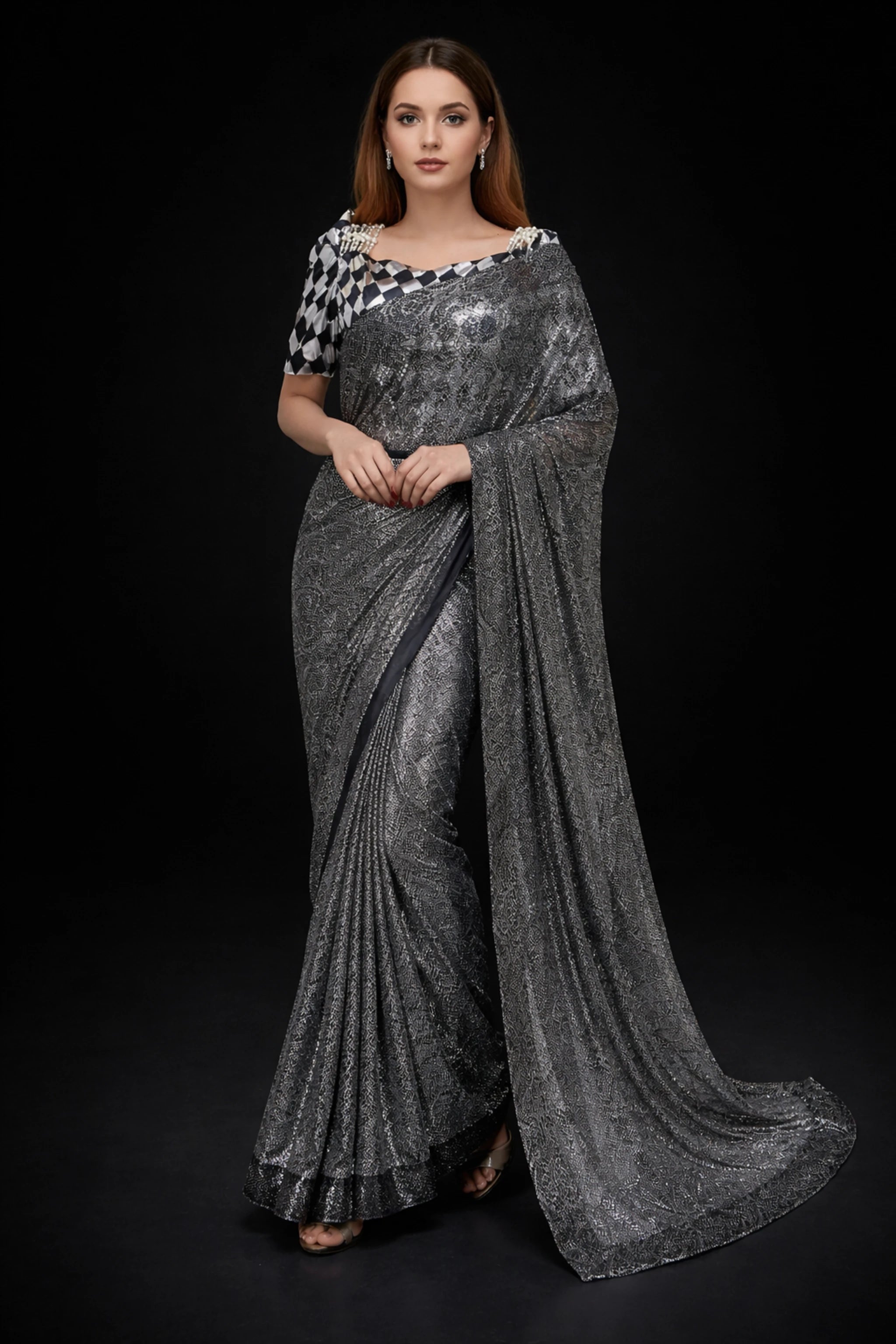 Black festive saree with velvet blouse – front view