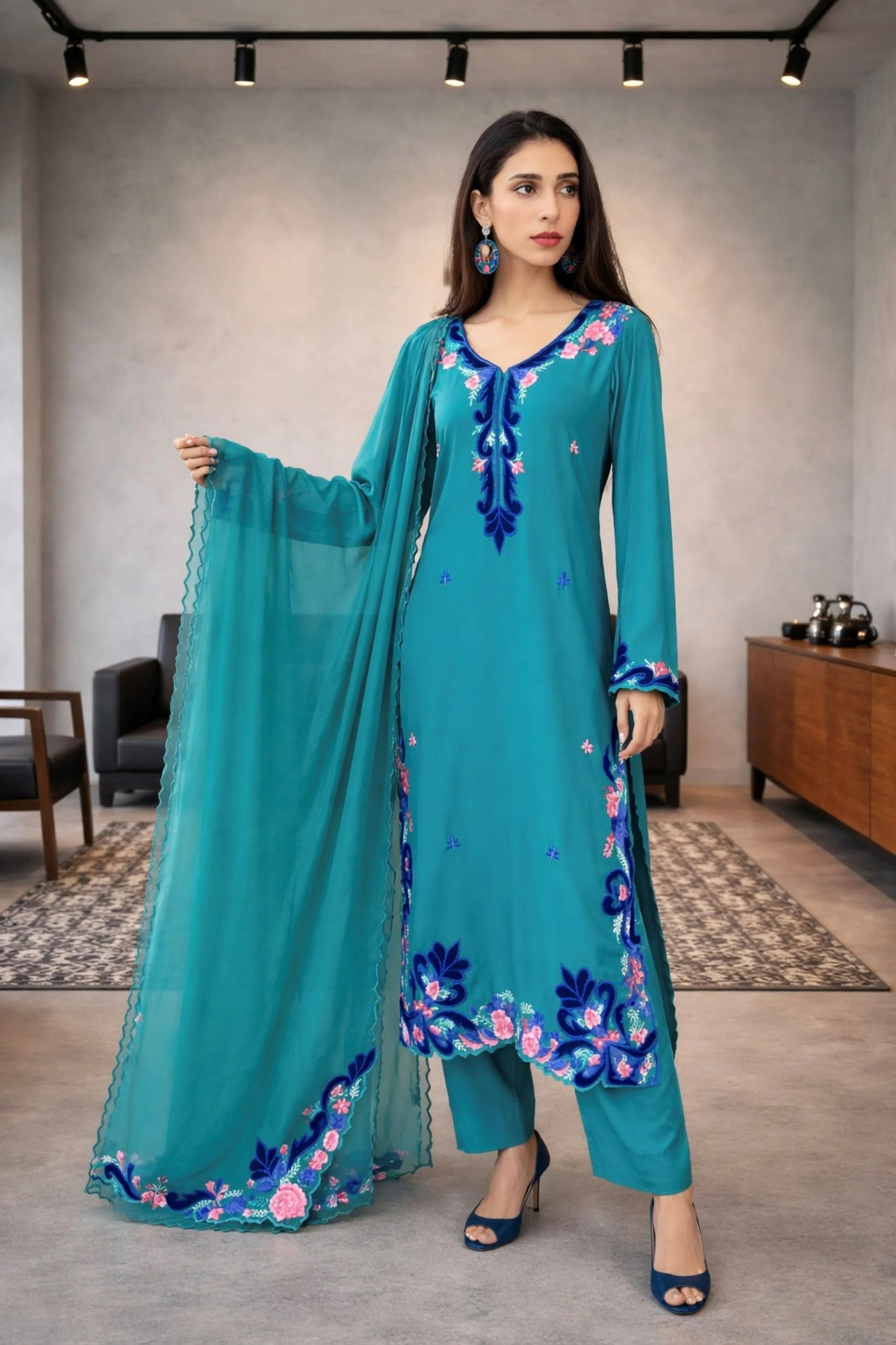 Blue Sky 3 piece marina suit with velvet applique and machine embroidery – front view