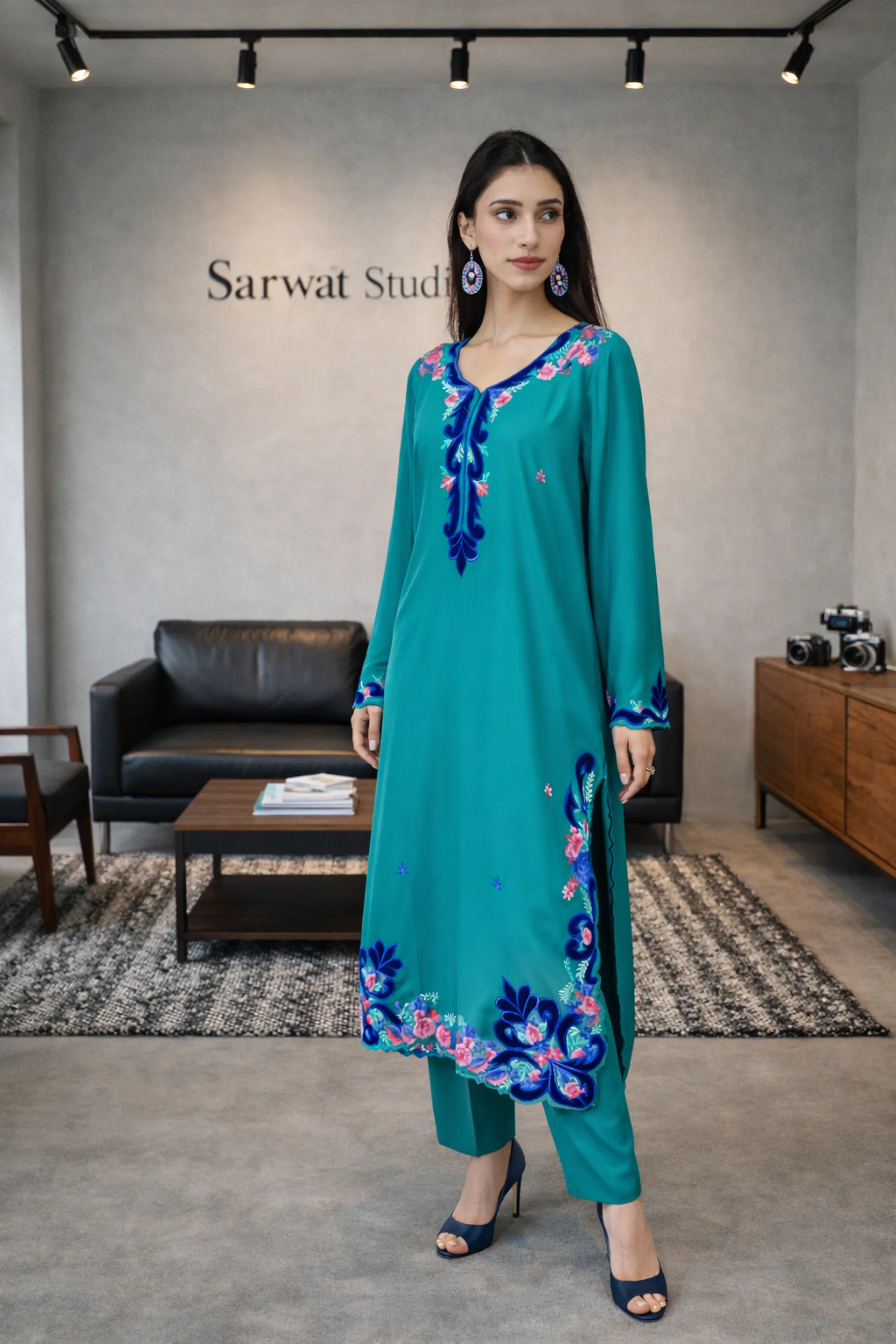 Blue Sky 3 piece marina suit with velvet applique and machine embroidery – front view