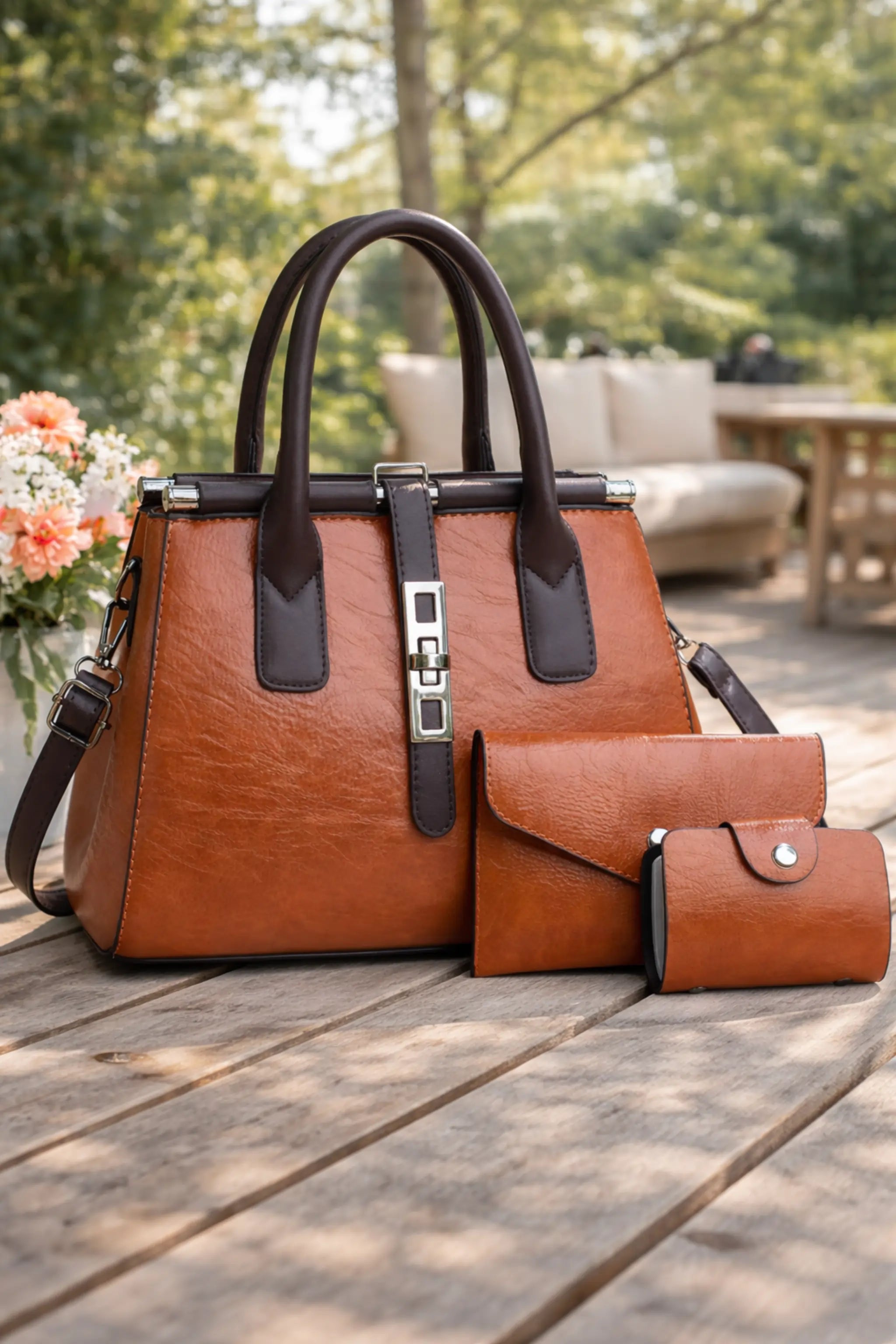Brown structured PU leather women’s handbag set with top handles, shoulder strap, clutch, and coin pouch placed on a wooden table in a daylight outdoor setting