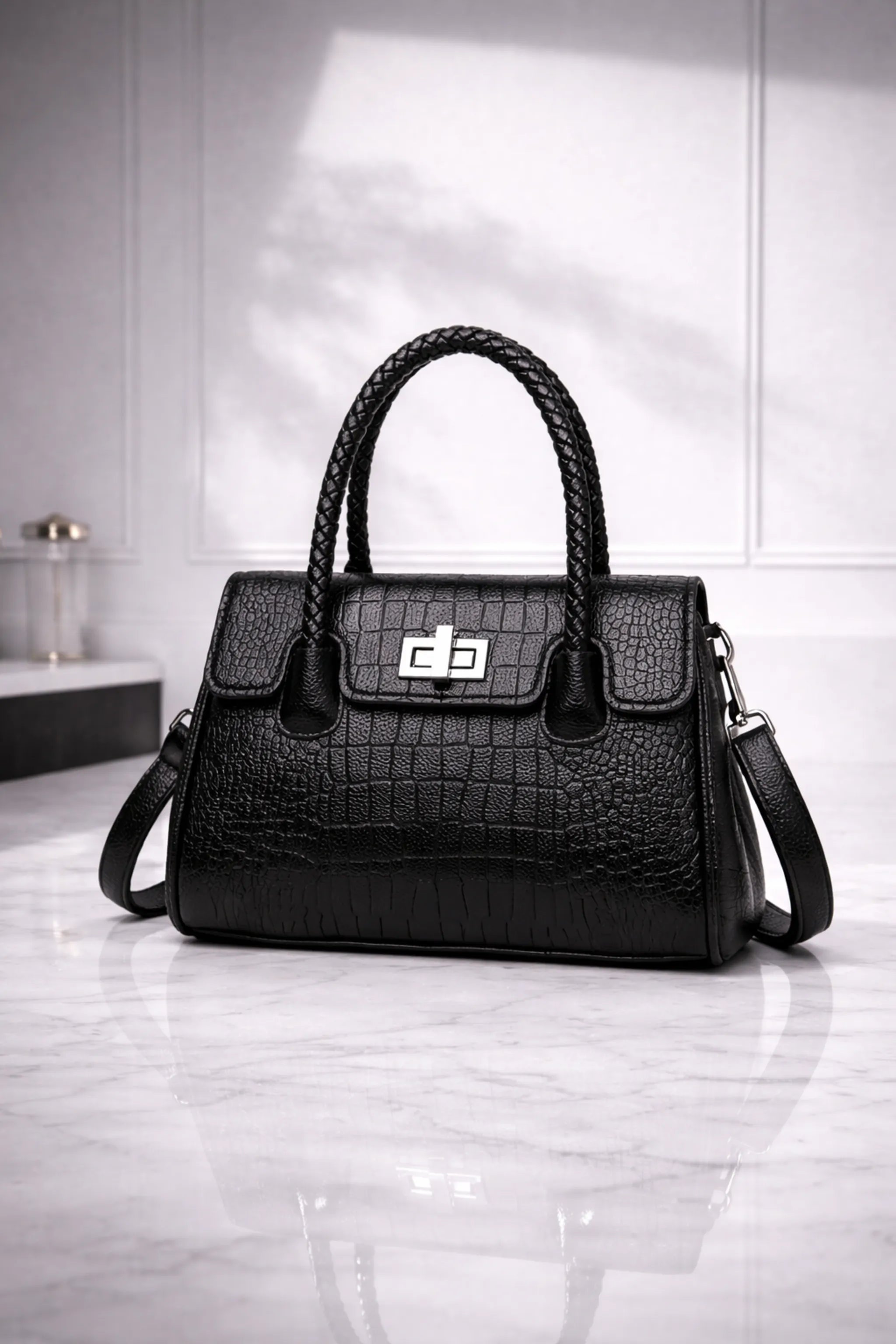 Rivage - Croc Embossed Black Bag