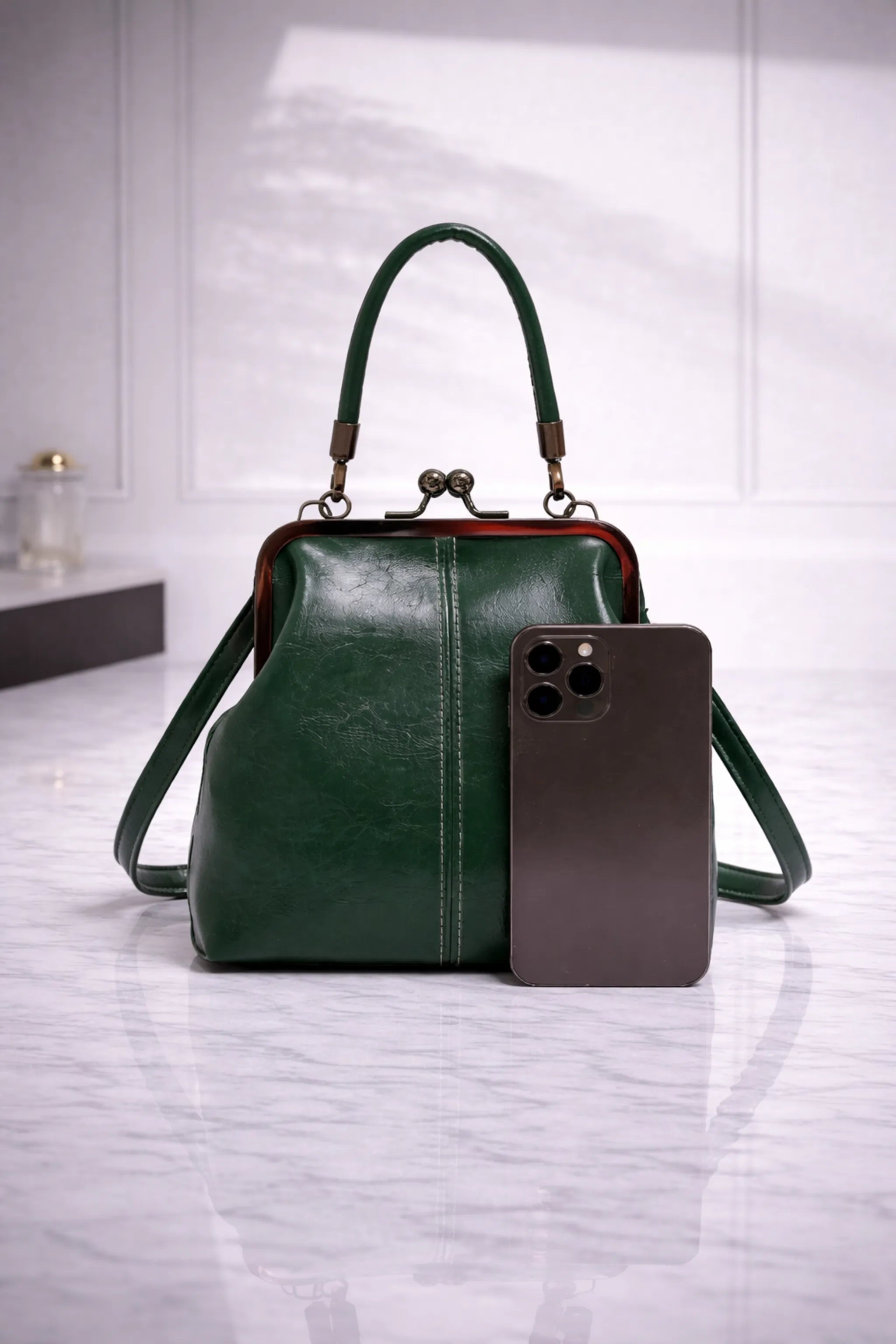 Emerald Ruched Kiss-Lock Mini Top Handle Bag