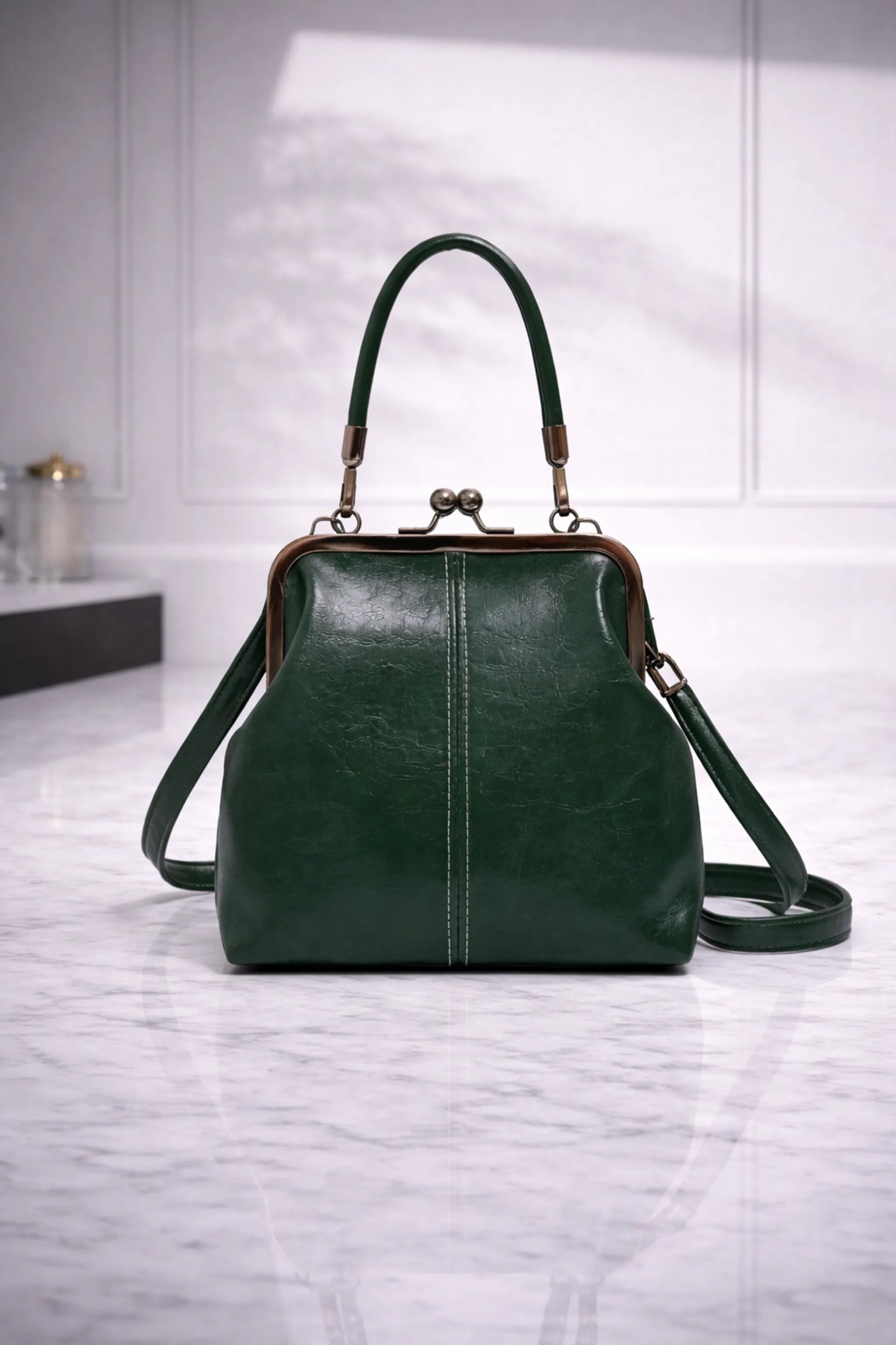 Emerald Ruched Kiss-Lock Mini Top Handle Bag