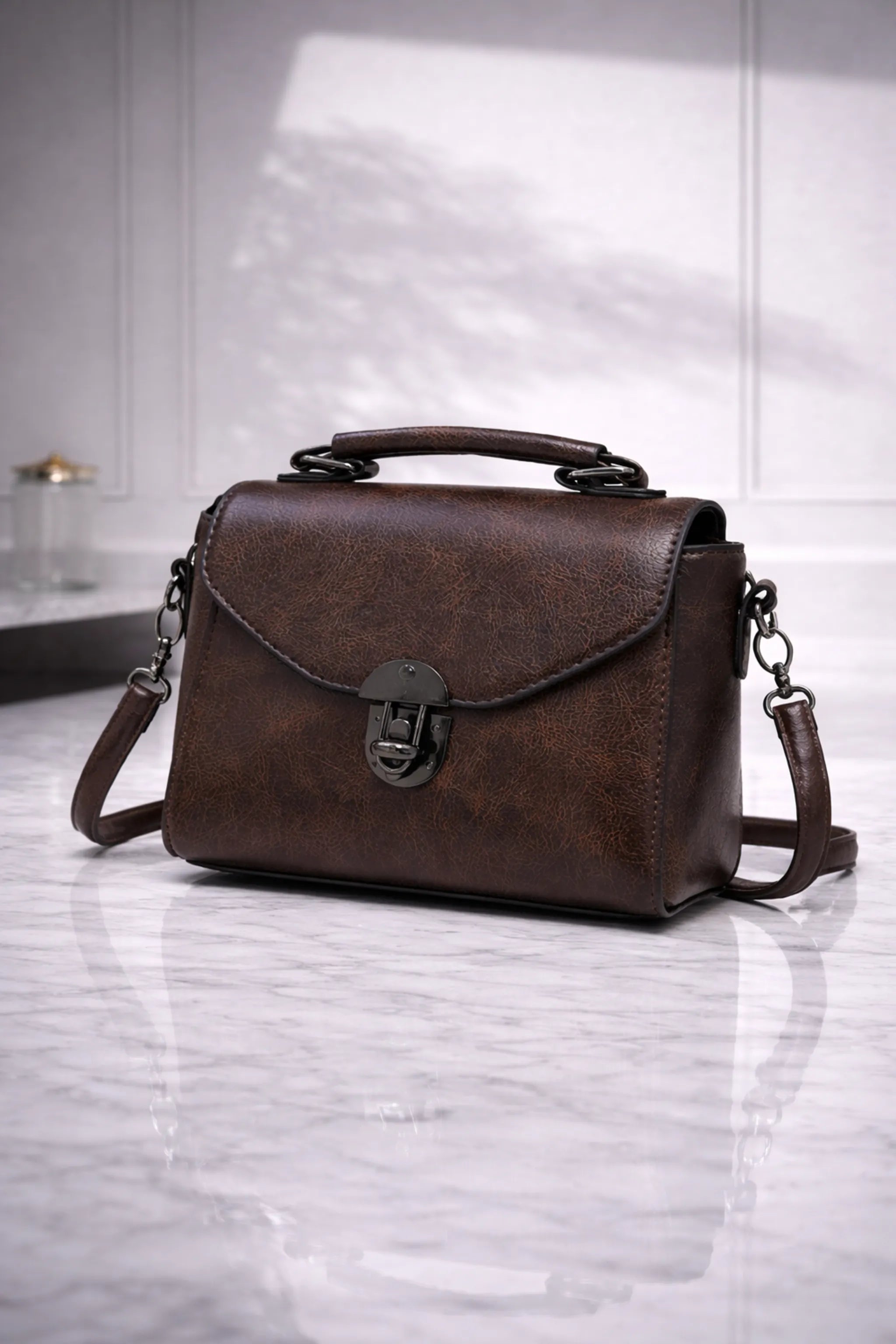 Vintage Coffee Brown Mini Square Top Handle Bag