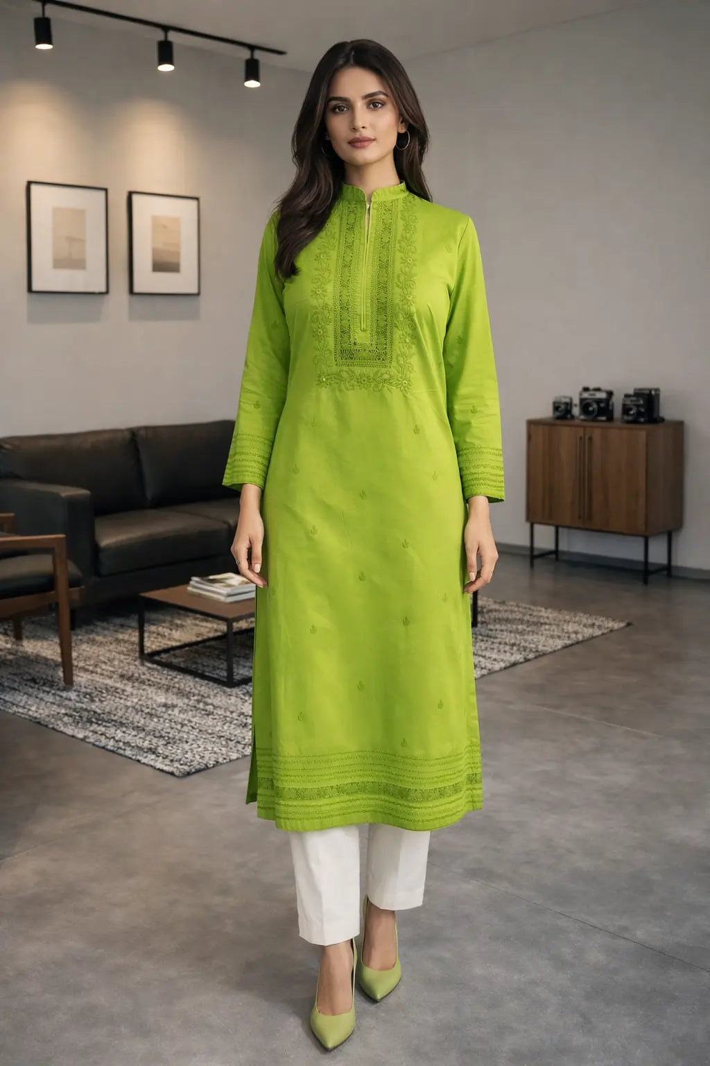 Close-up of Celery Bareeze Lawn 1 Piece dress with mirror embroidery