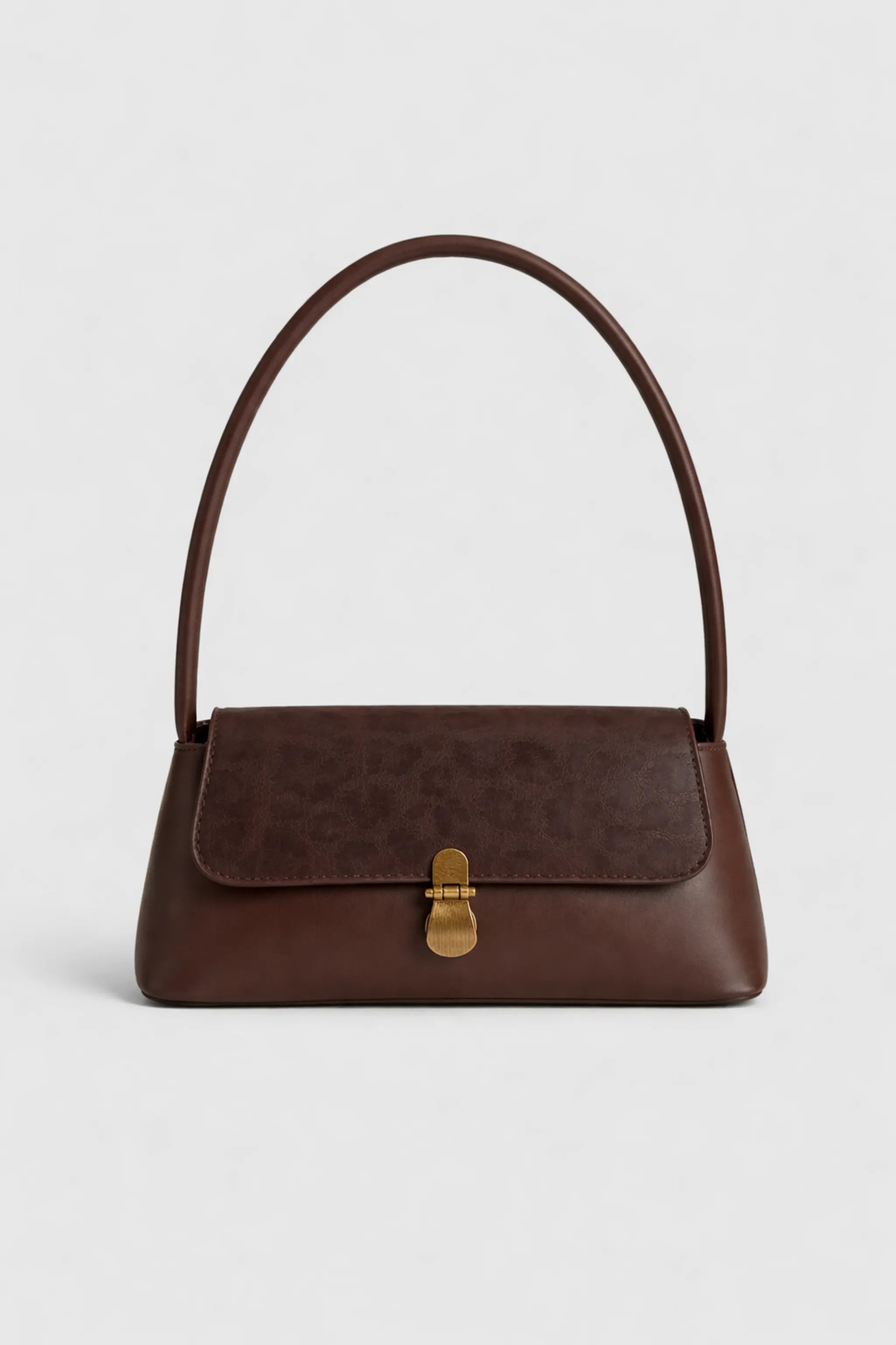 Coffee PU leather retro baguette bag with metal lock and top handle, front view