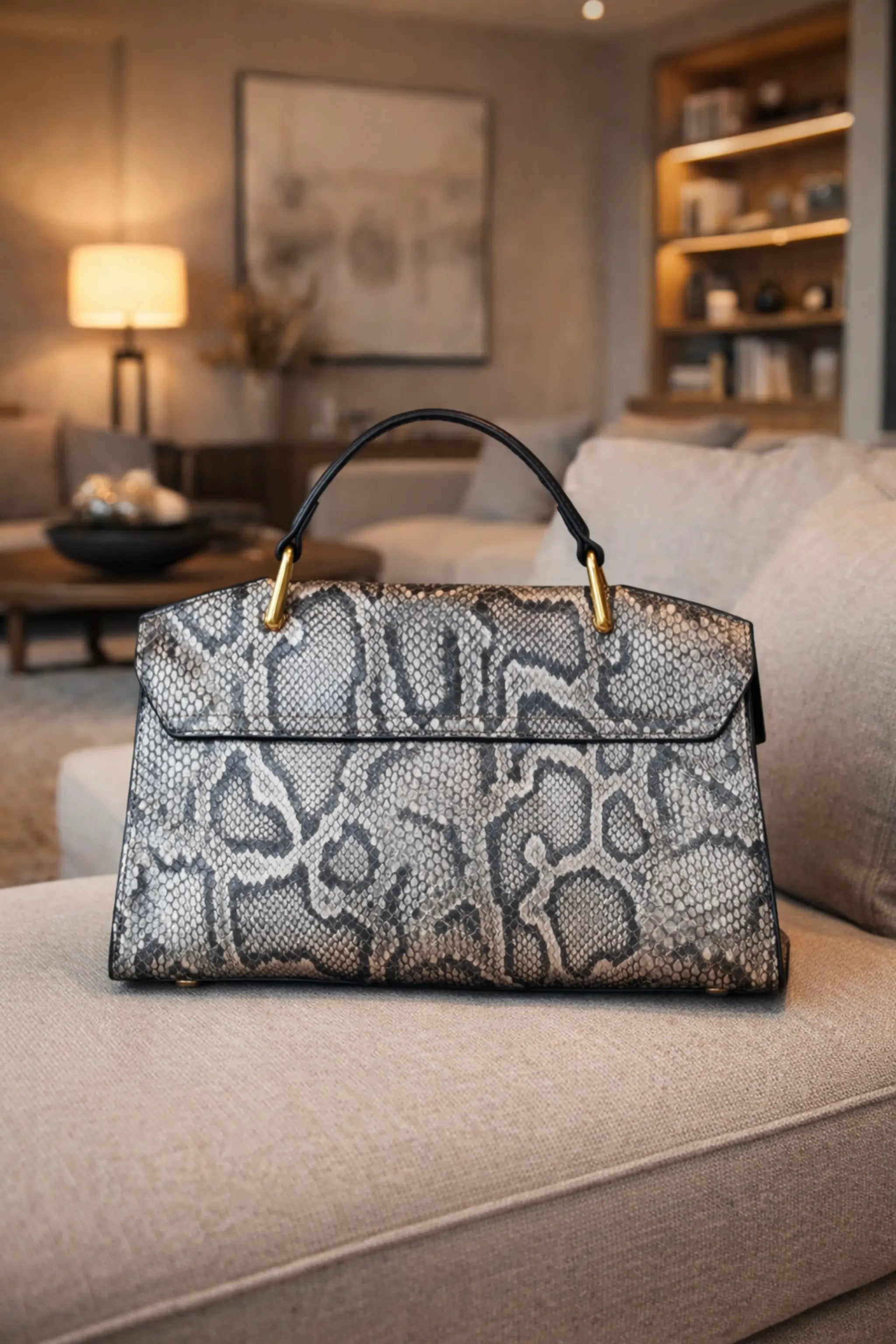 Elegant vintage blue snakeskin handbag with structured silhouette, flap closure and gold-tone buckle, styled as a luxury women’s tote bag.