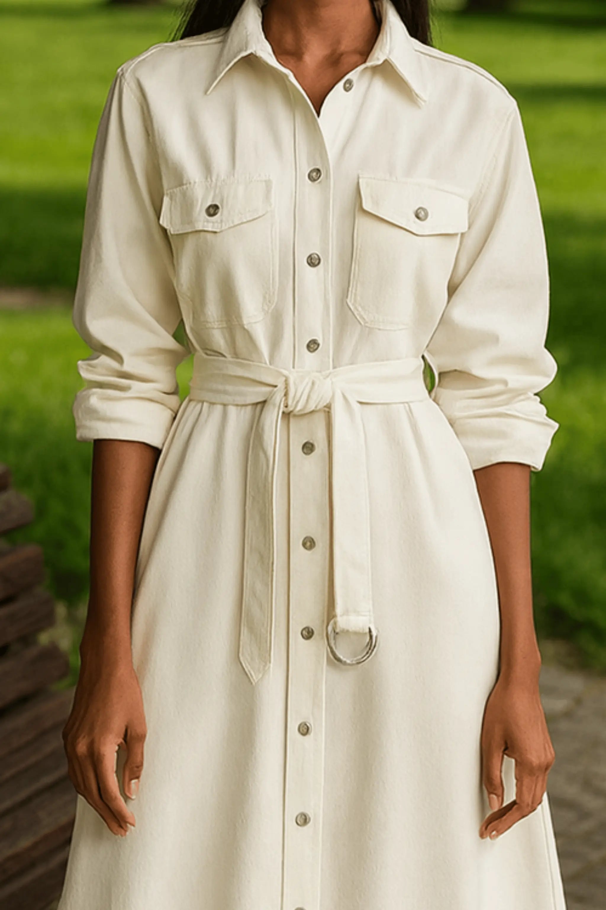 Front view of Ivory Corduroy Velvet Belted Shirtdress with belt