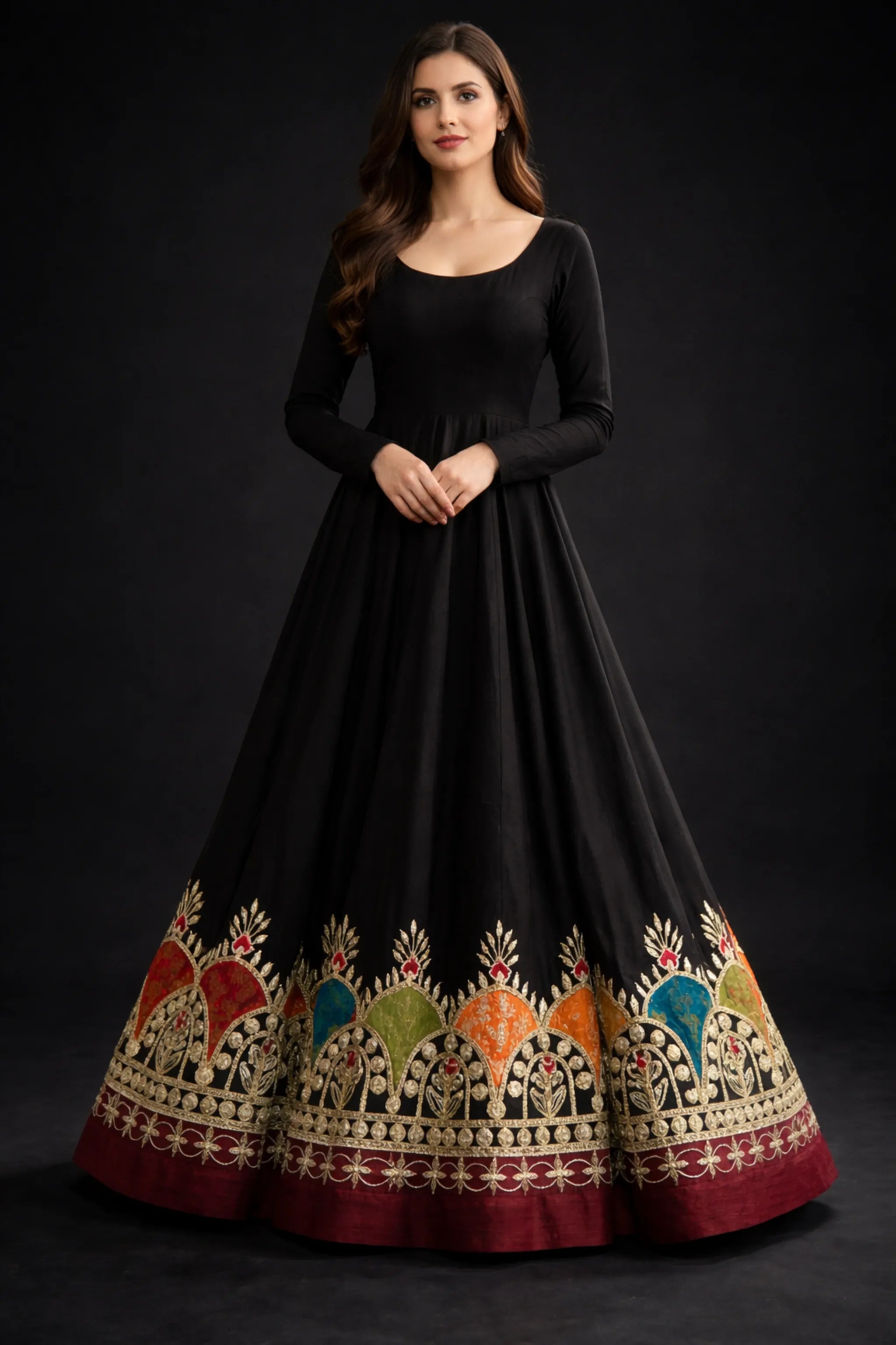 Front view of Zoonash black tussle silk frock with applique embroidery