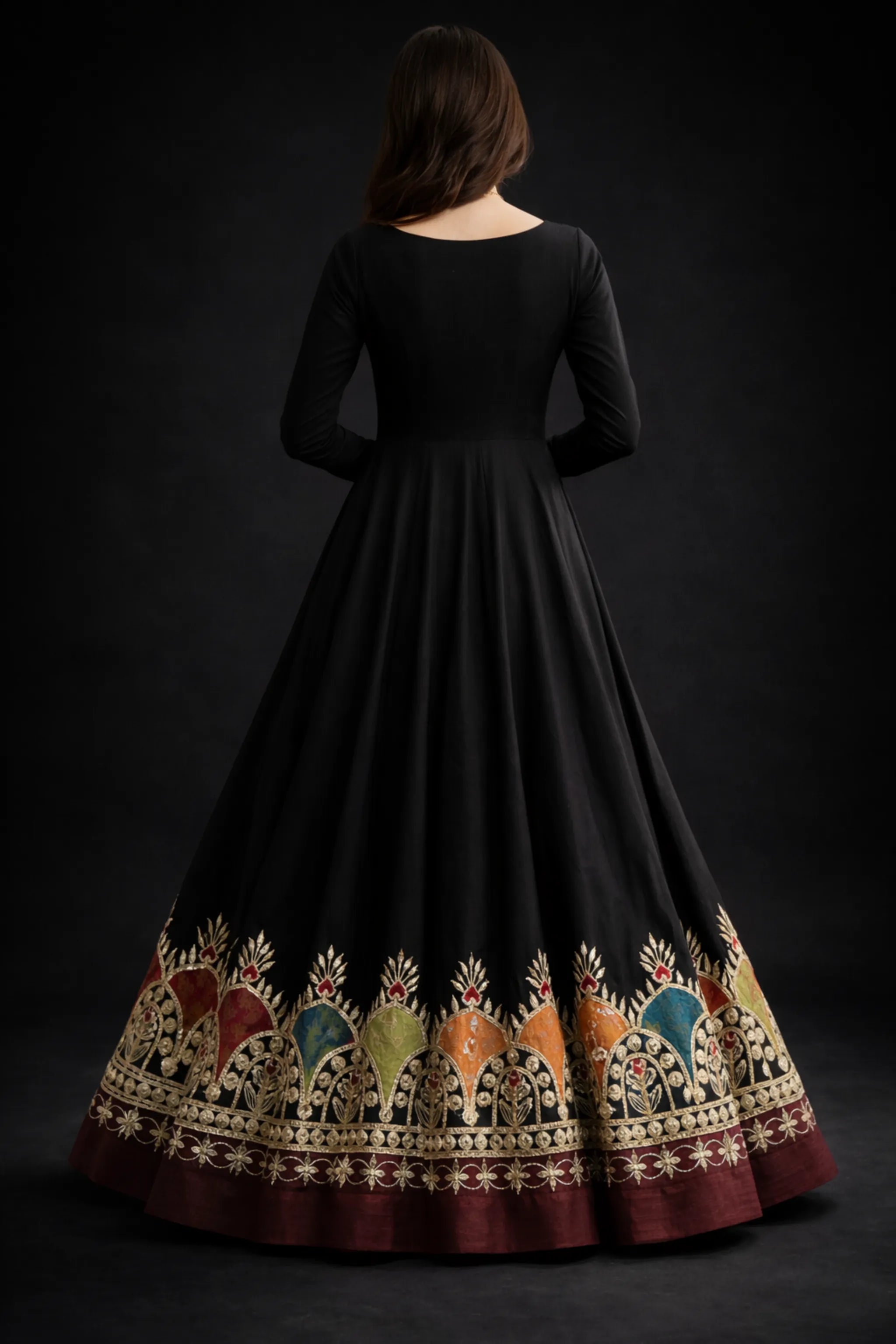 Front view of Zoonash black tussle silk frock with applique embroidery