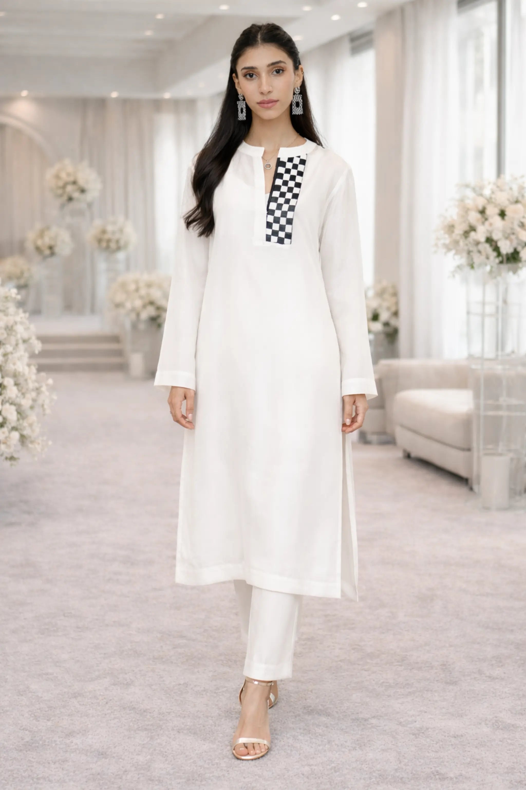 Front view of raw silk shirt with contrast neckline detail