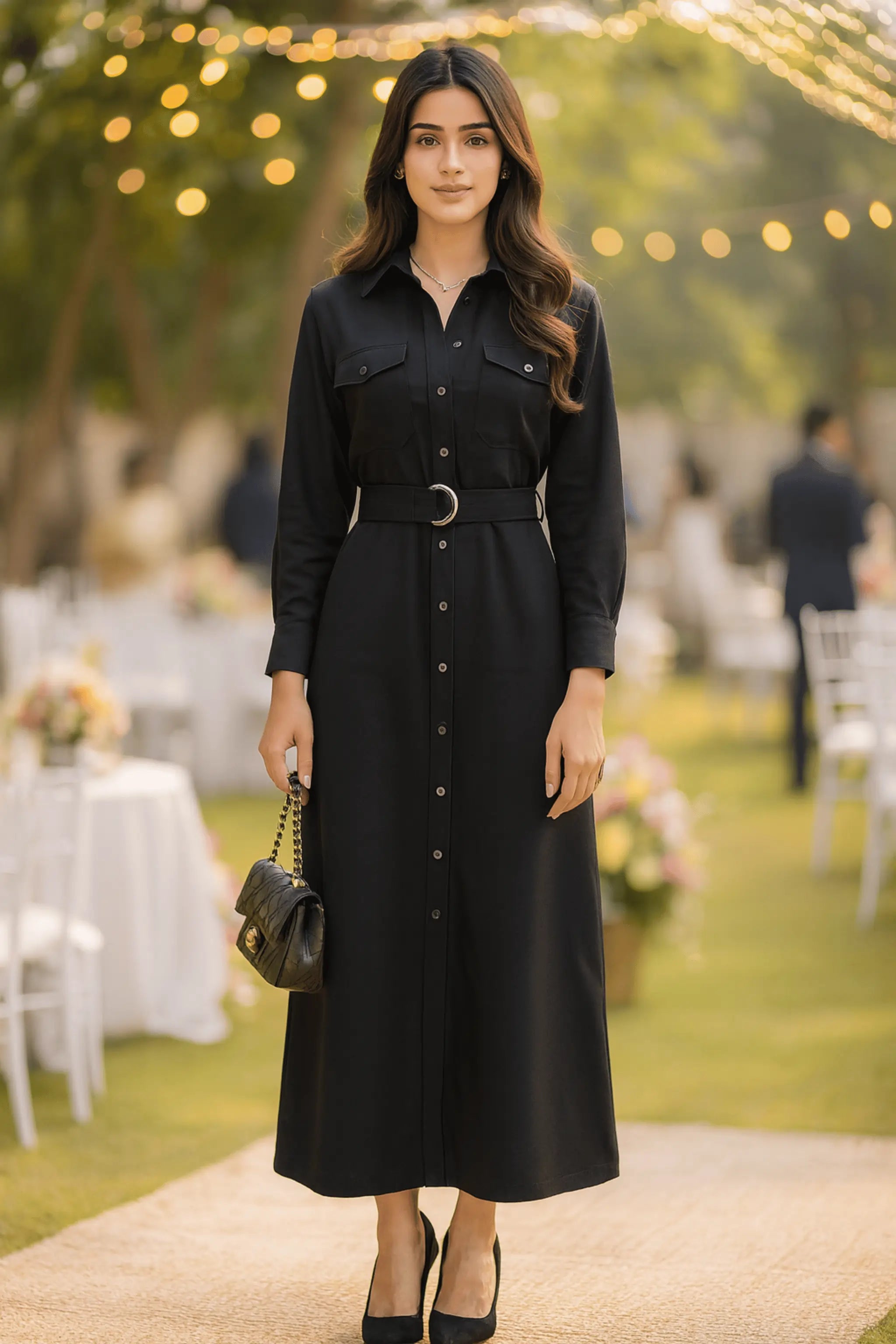 Full-length stitched ivory velvet shirtdress