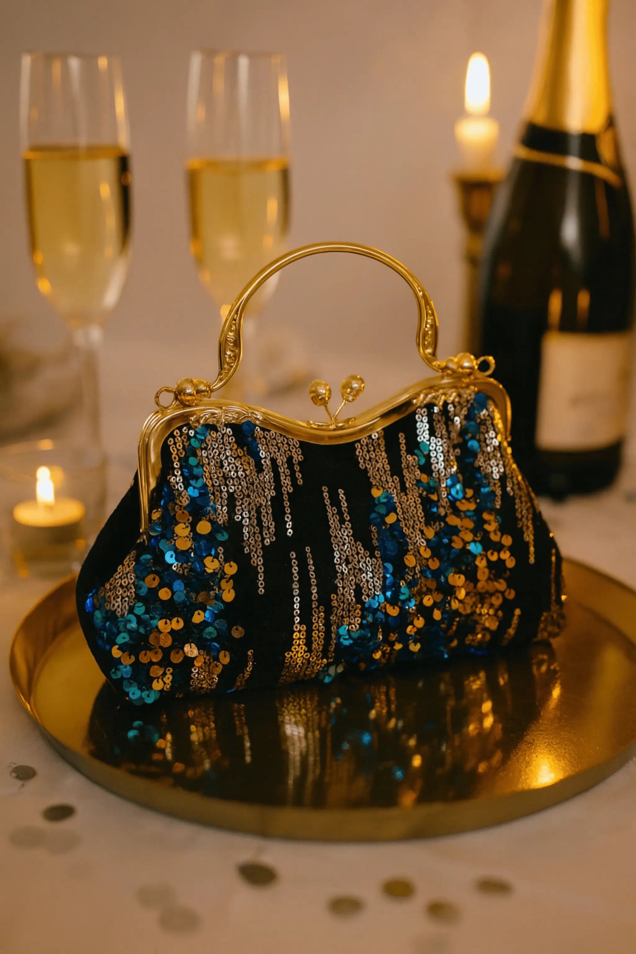 Black Sequined Velvet Evening Bag with Glitter Top Ring Handle 
