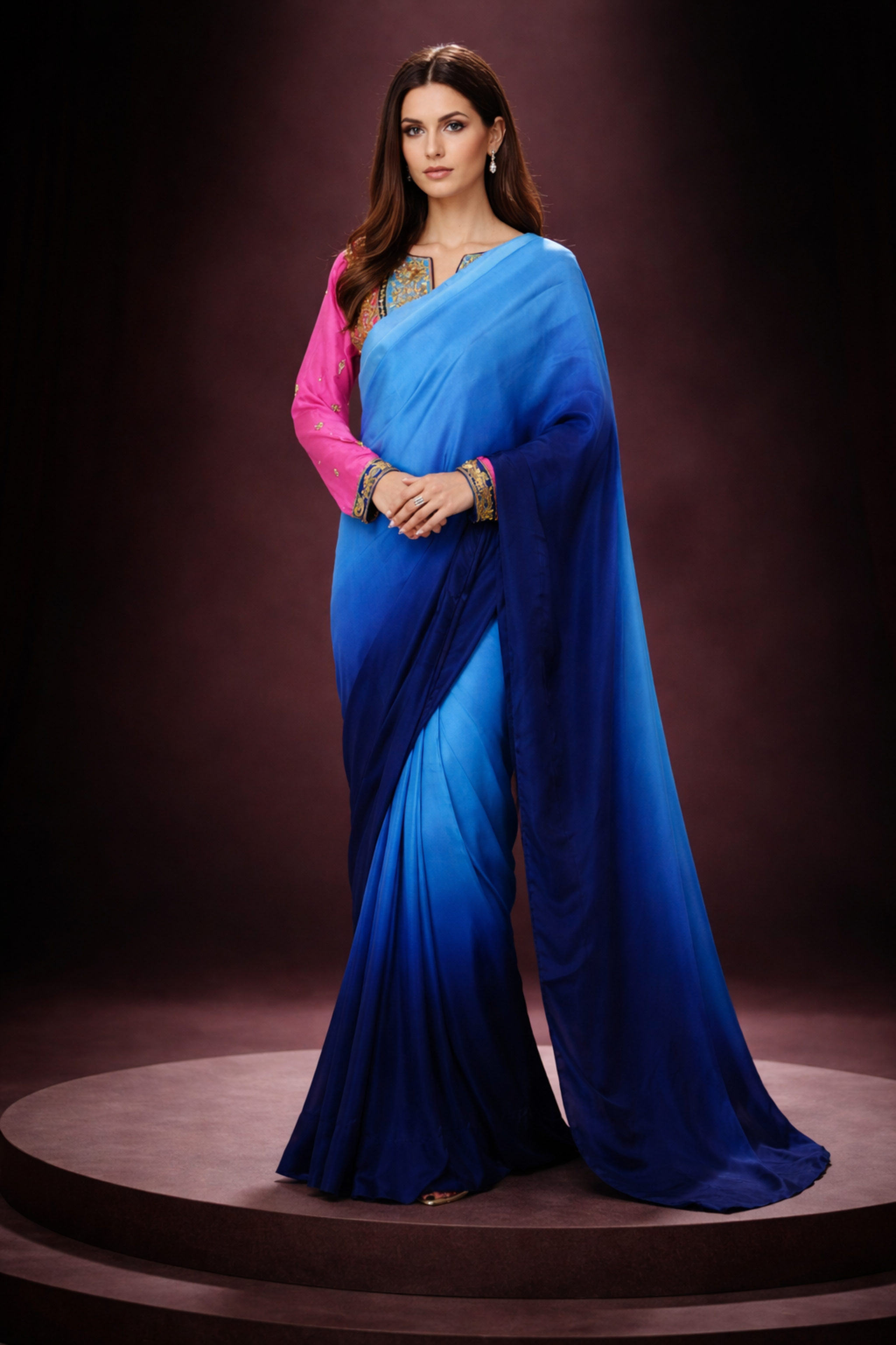 Full view of Whisper Korean silk saree draped elegantly, styled with embroidered raw silk blouse in pink and blue