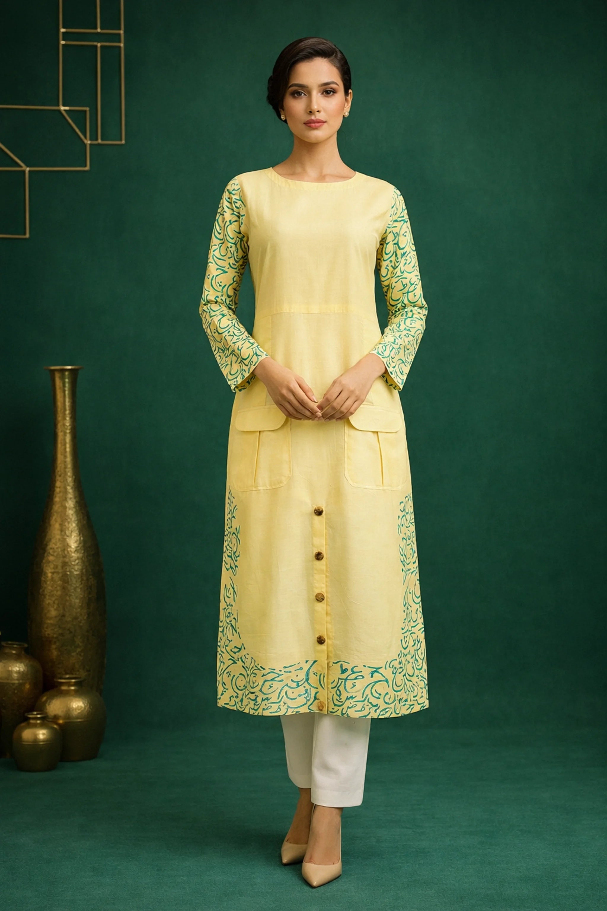 Gold Sand unstitched premium Bareeze lawn shirt with calligraphy detailing – front view