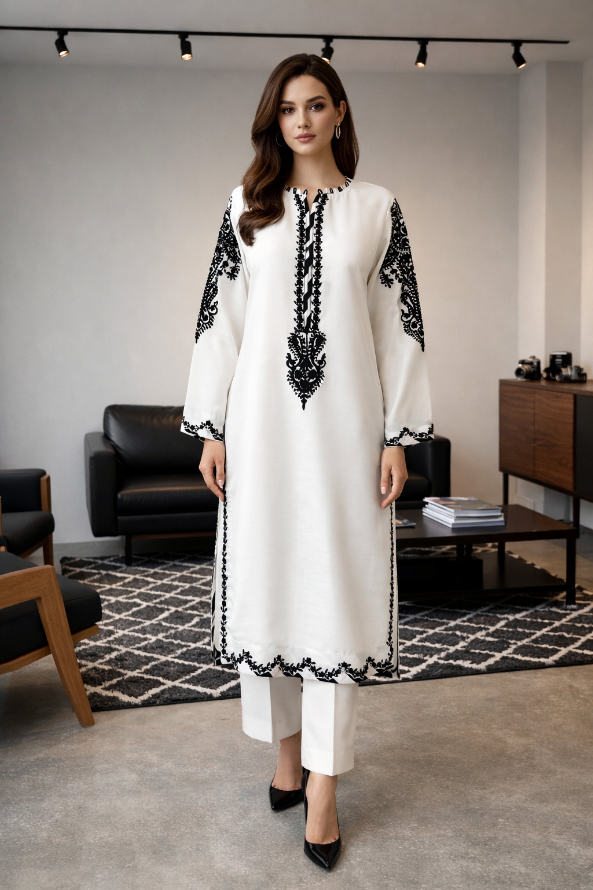 Horizon – Black & White Raw Silk 3-Piece with Mirror Embroidery