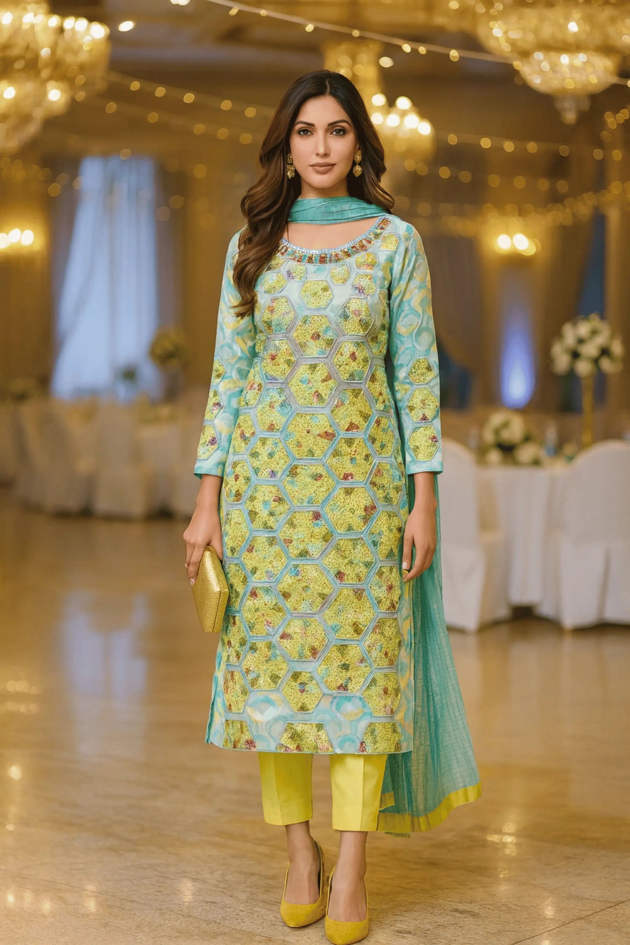 Husk semi formal embroidered net shirt with aqua green and lemon yellow patch work – AOI Libas
