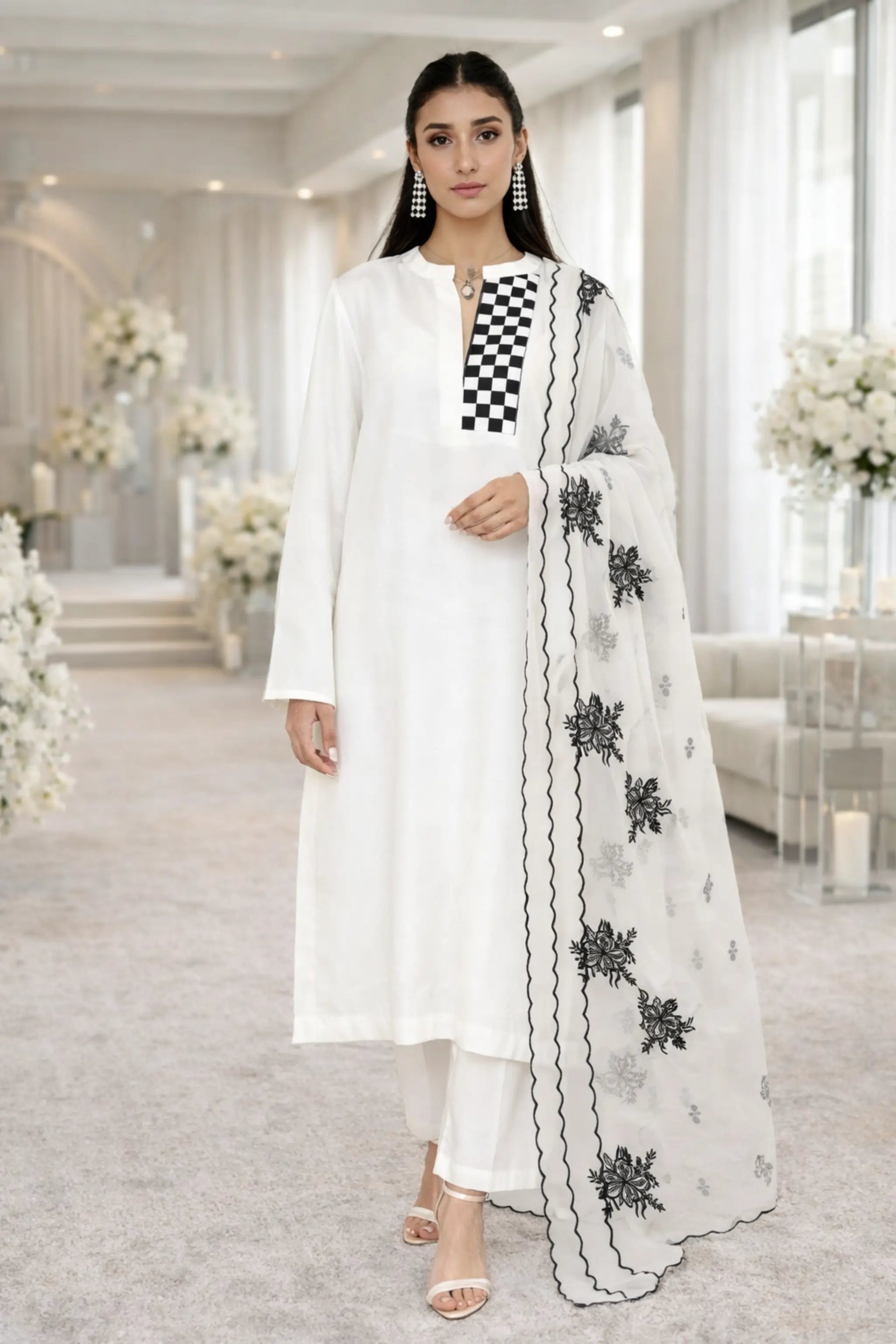 Minimalist raw silk 3-piece dress with organza dupatta for formal wear