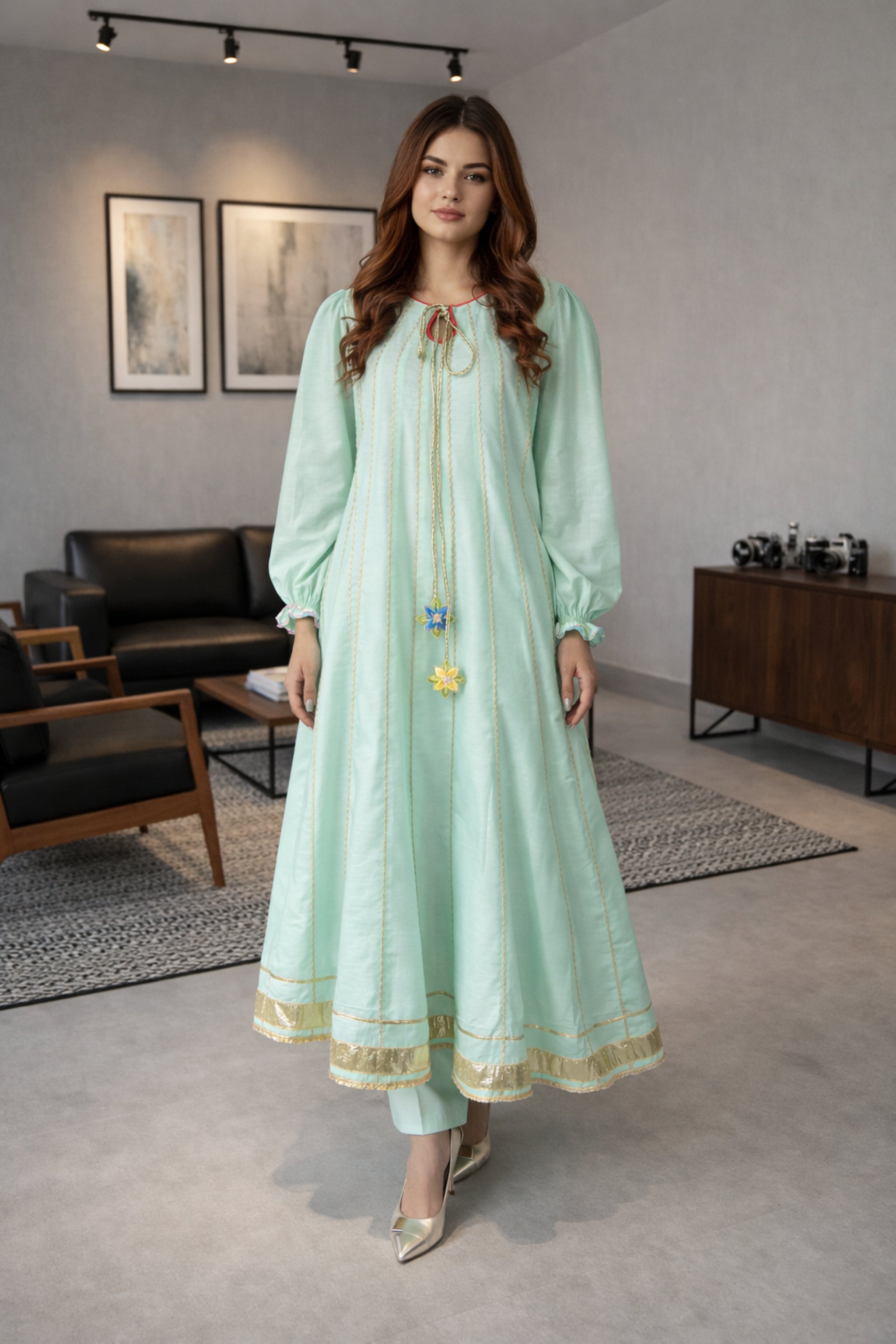 Mint green cambric cotton frock set with organza dupatta, three piece women outfit