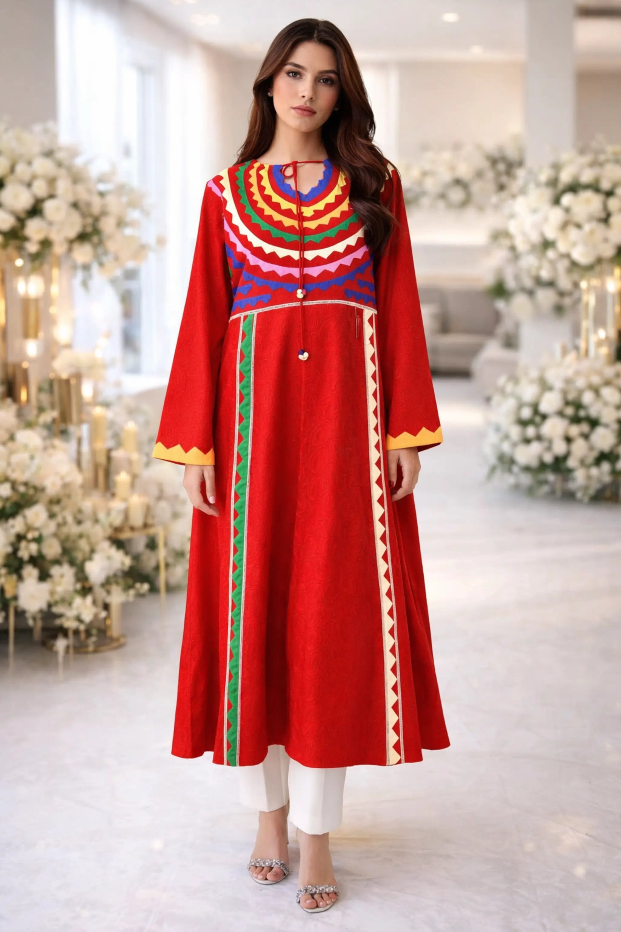 Model wearing Cherry Breeze unstitched Ralli work lawn shirt