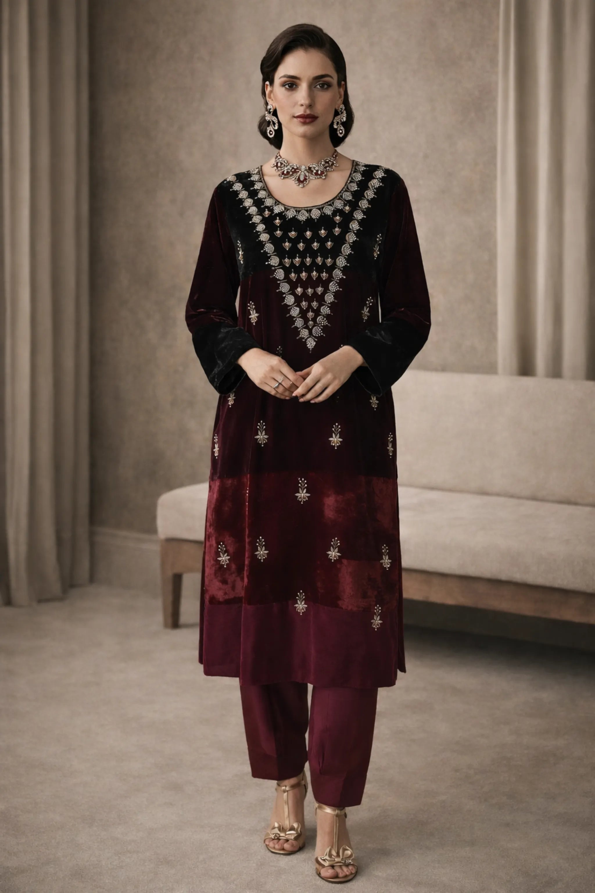 Model_wearing_Royal_Maroon_Velvet_embroidered_2-piece_suit_with_organza_dupatta.