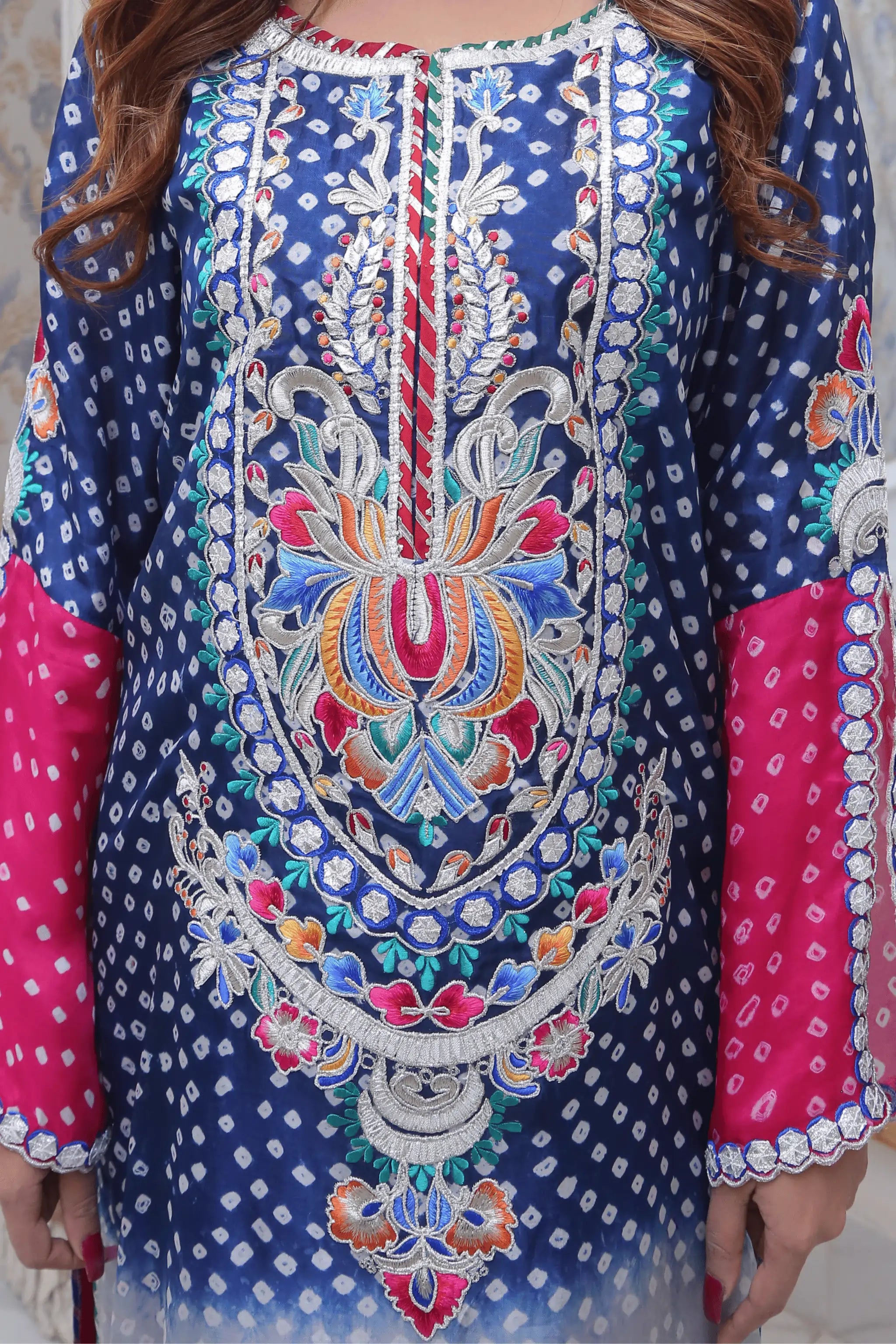 “Nayab 2 Piece Chunri frock and dupatta in medium silk with embroidery and gotta work – AOI Libas”