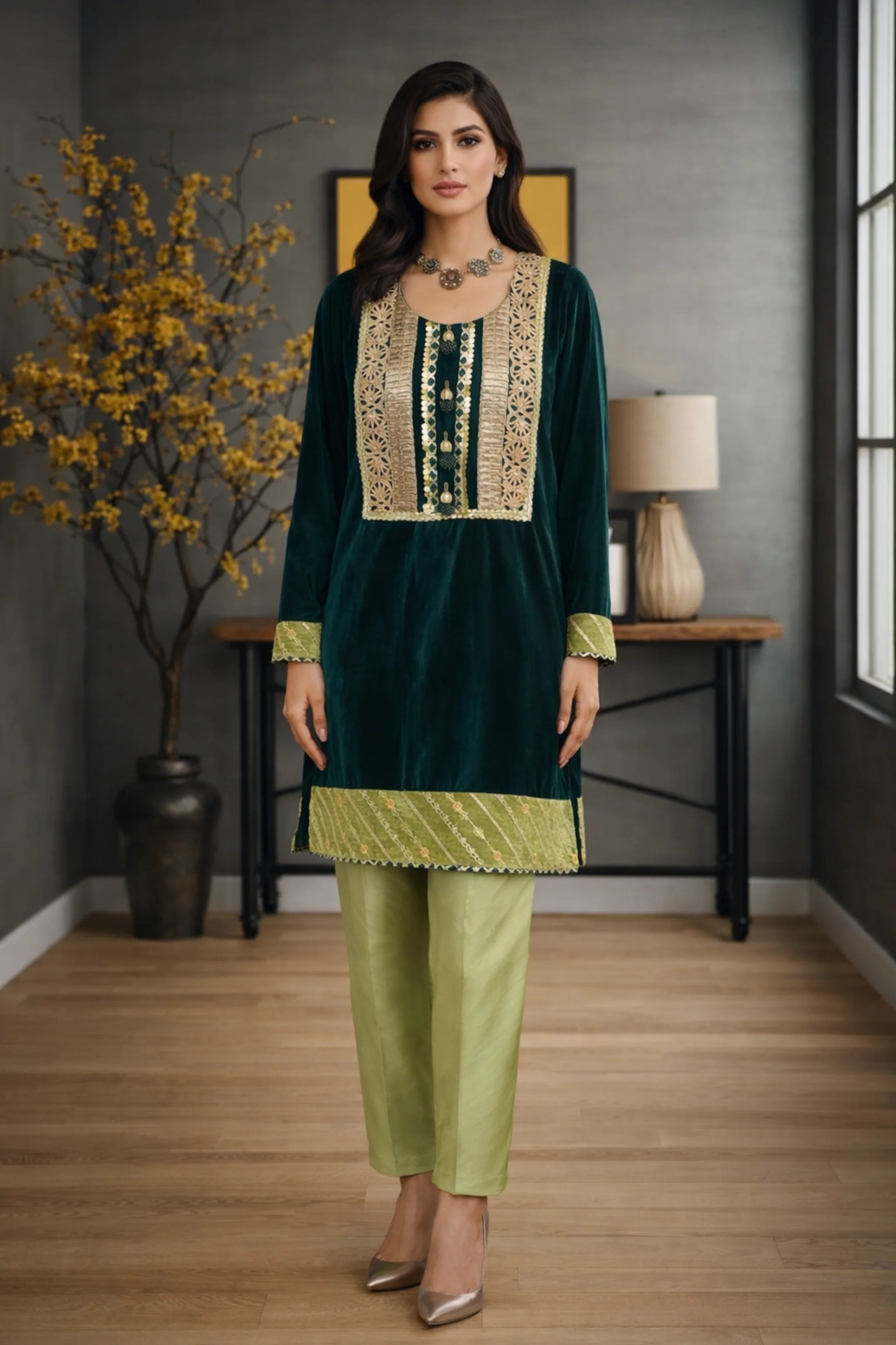 Noor_emerald_green_velvet_shirt_with_raw_silk_trousers_and_organza_dupatta_Sarwat_Studio_wedding_collection