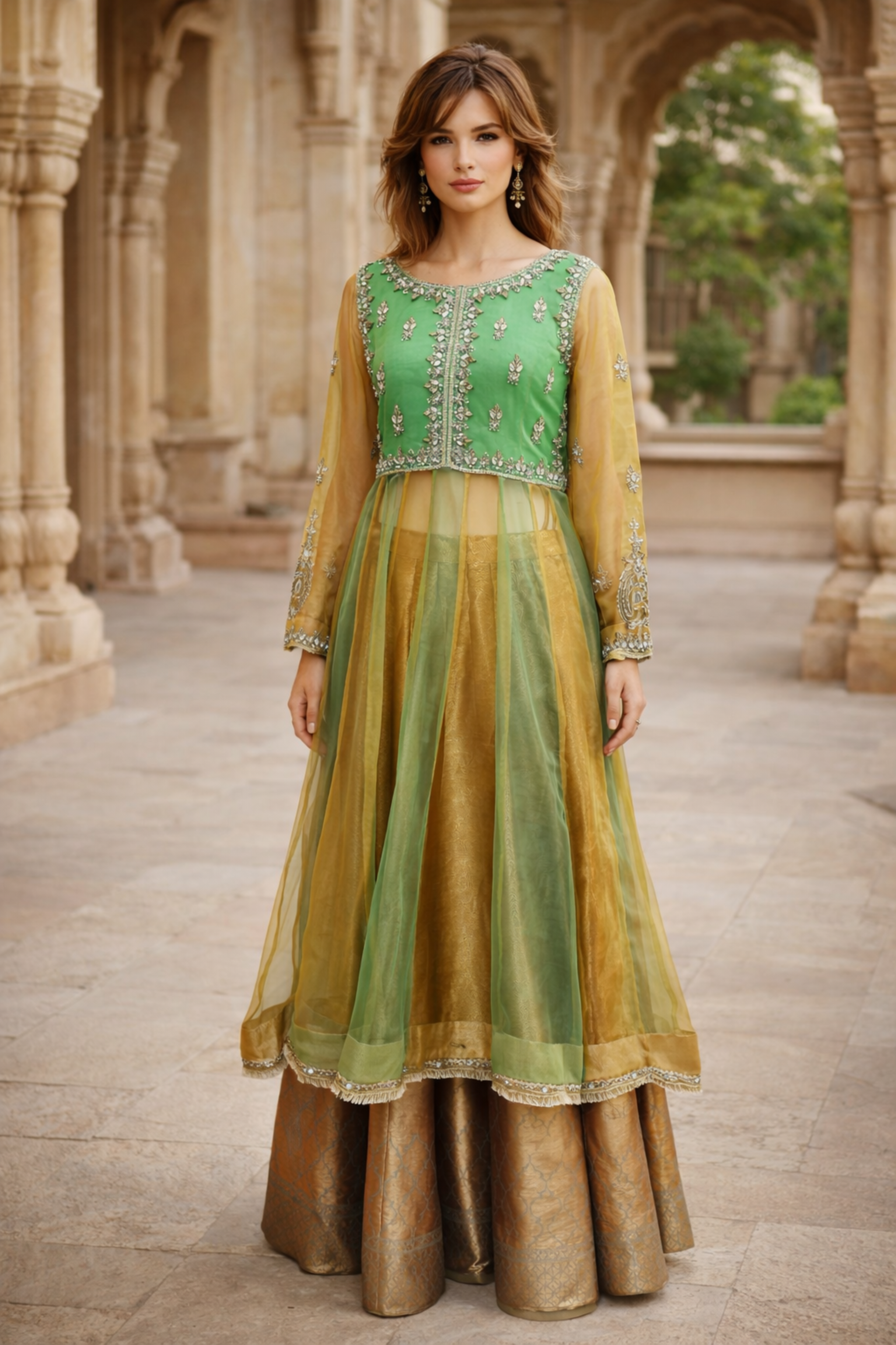 Shamrock three-piece green and gold organza wedding dress with embellished beads and stars work, featuring straight kurta, lehnga, and dupatta