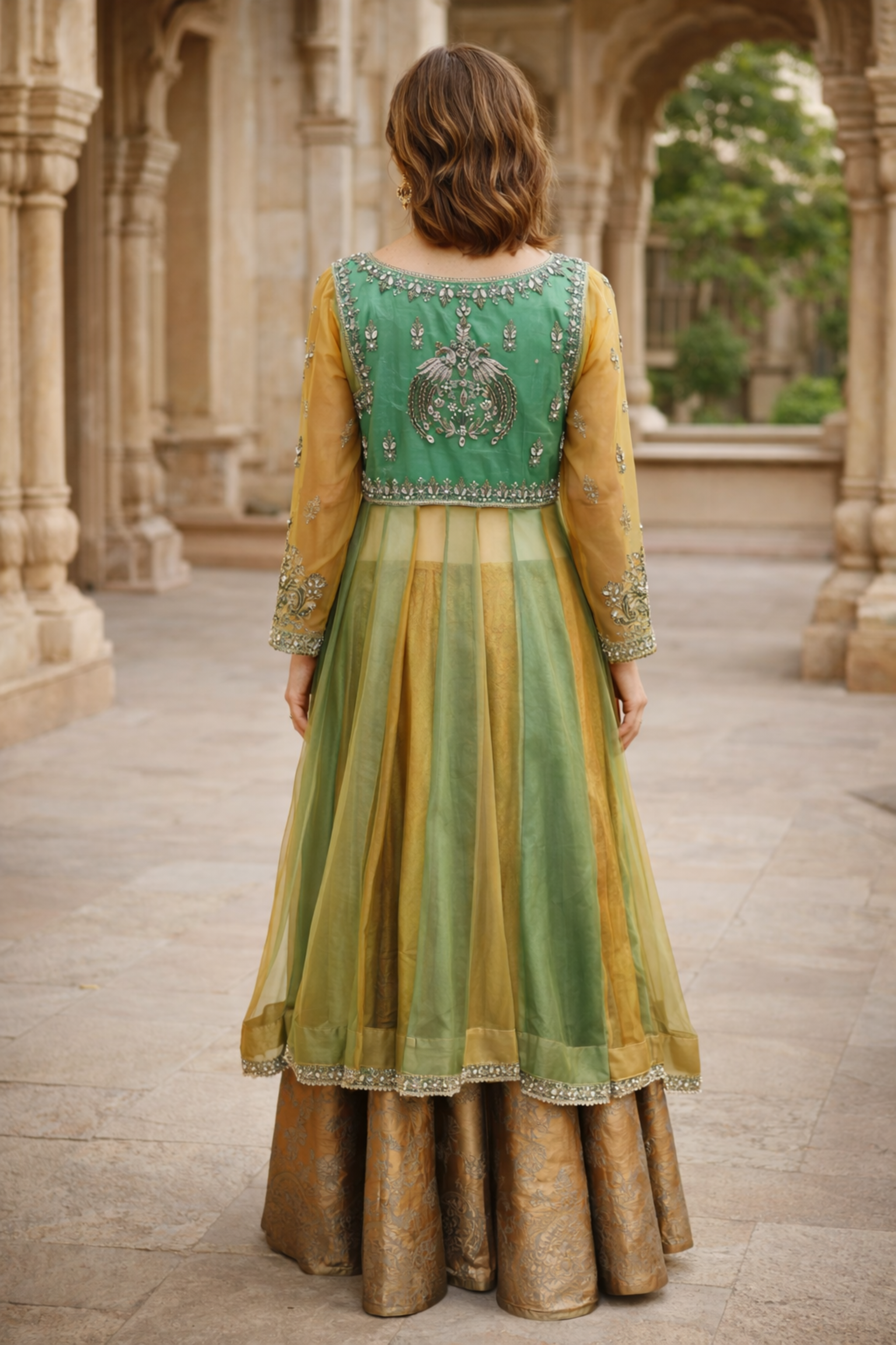 Shamrock three-piece green and gold organza wedding dress with embellished beads and stars work, featuring straight kurta, lehnga, and dupatta