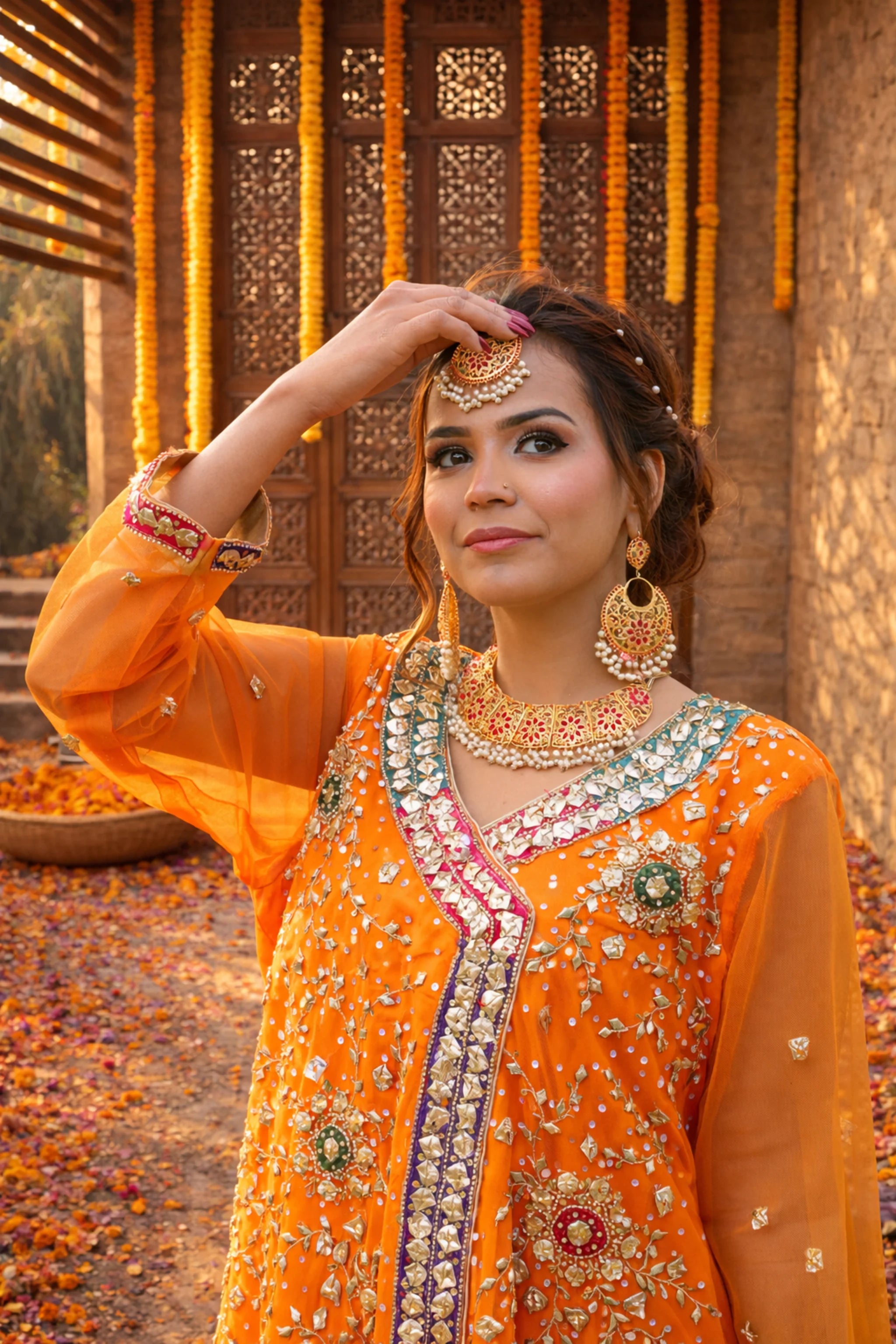 Side view of Amber Dusk mehndi dress highlighting premium silk loungi drape and structured fall