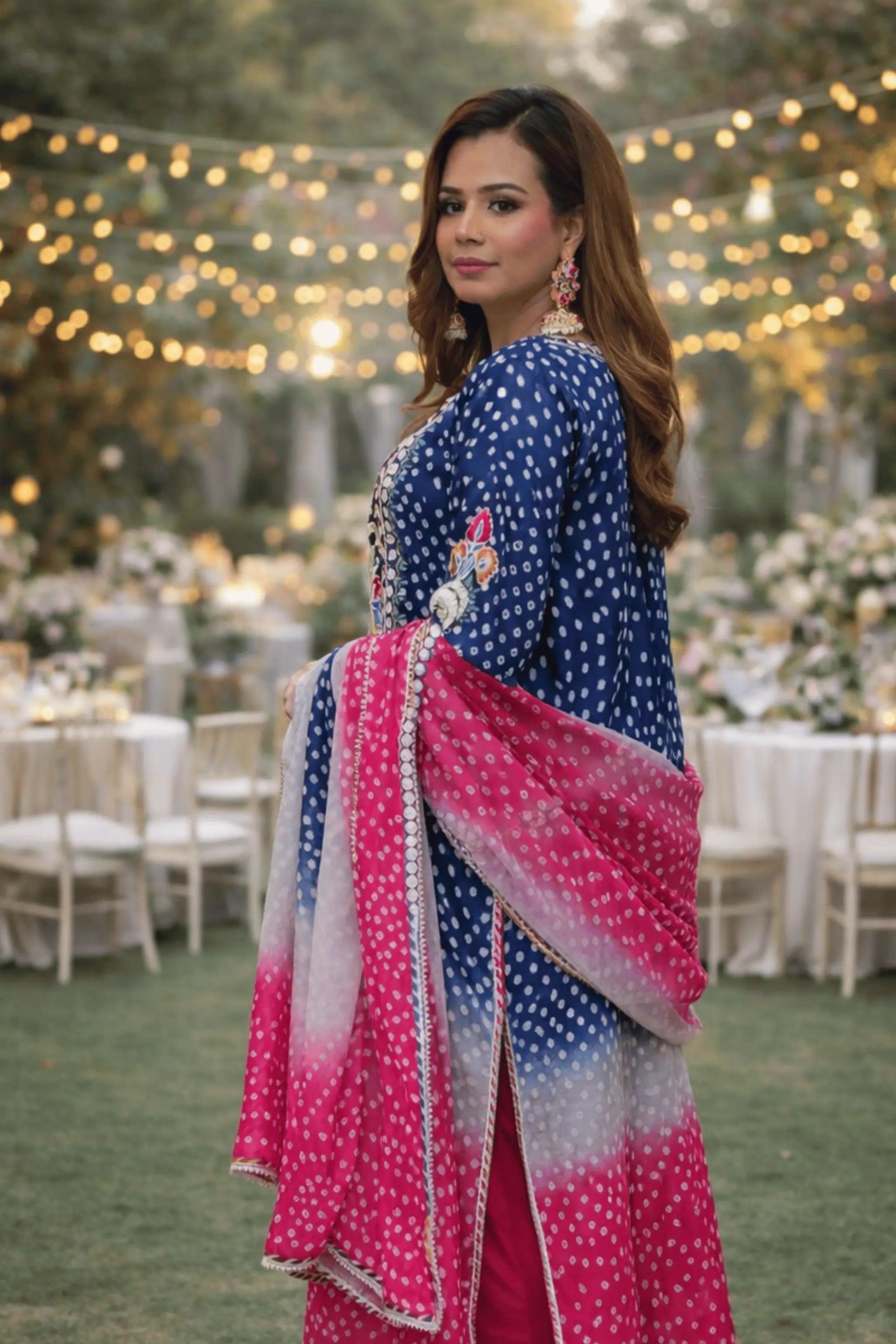 Silk dupatta with lace four-side border and gota finishing.