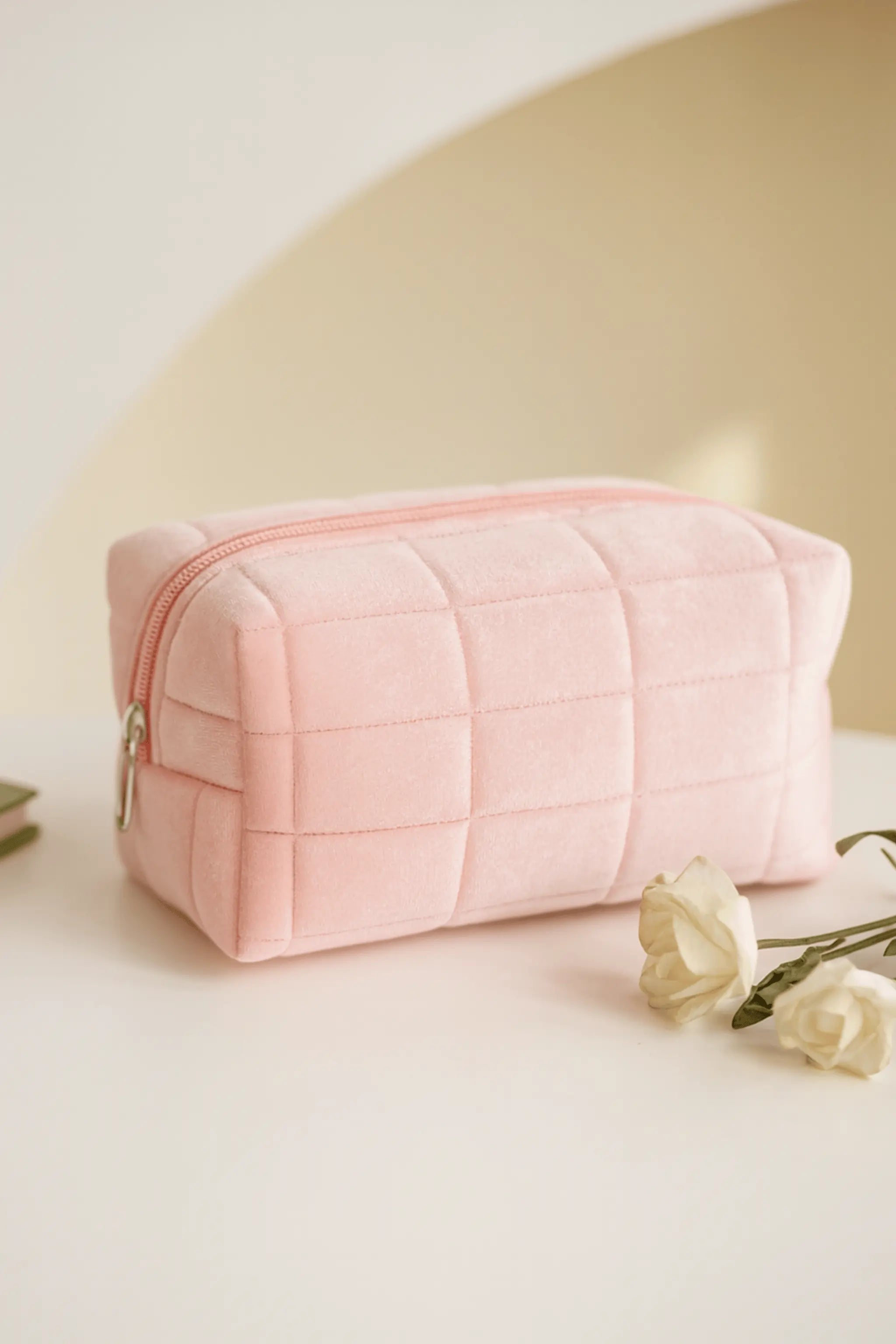 Pink quilted cosmetic bag, travel makeup pouch, toiletry organizer, velvet makeup bag