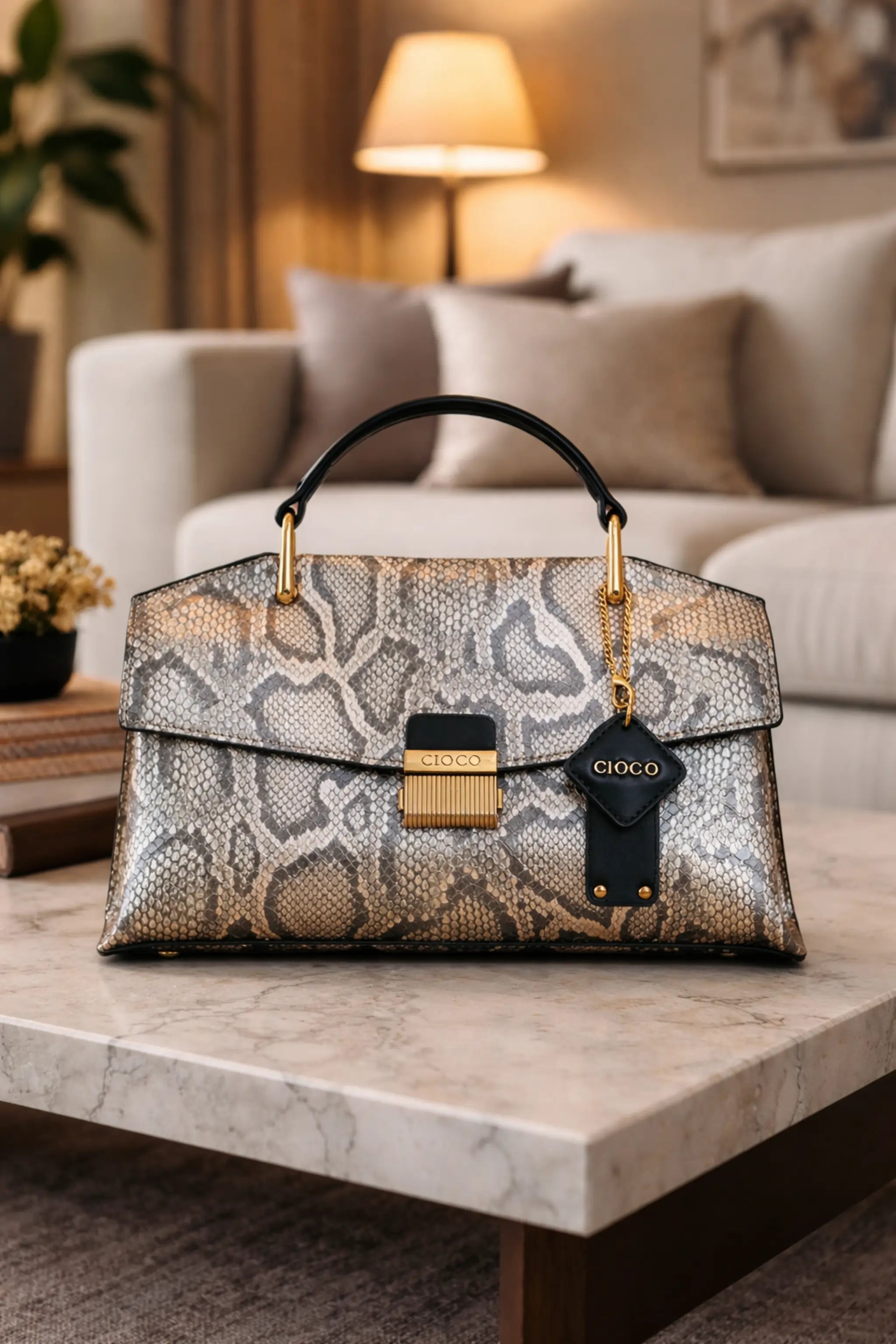Vintage blue snakeskin-textured luxury handbag with structured square design, flap closure and top handle, displayed as a high-end women’s fashion accessory.
