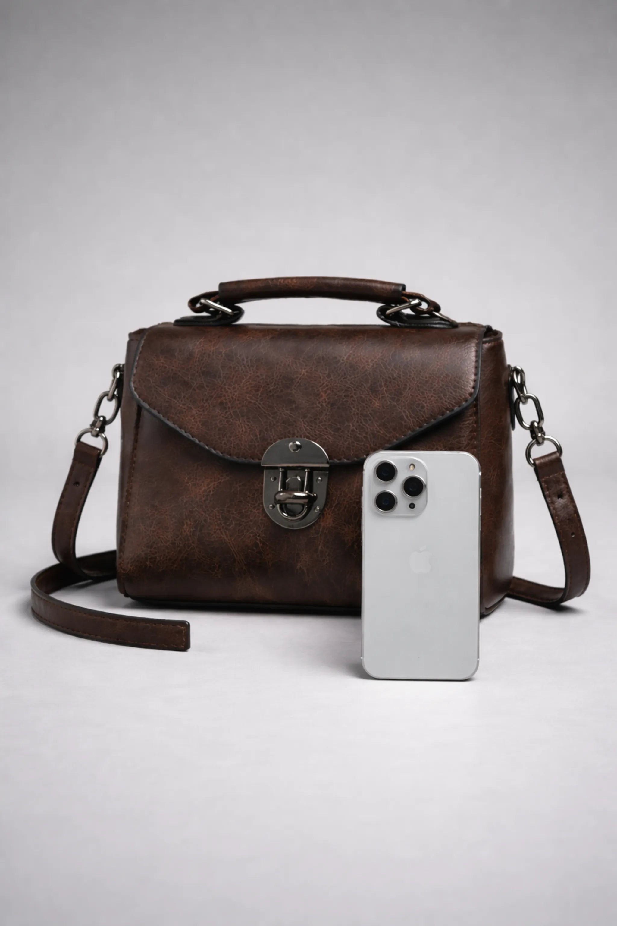 Vintage_coffee_brown_mini_square_PU_leather_bag_with_buckle_closure_and_top_handle