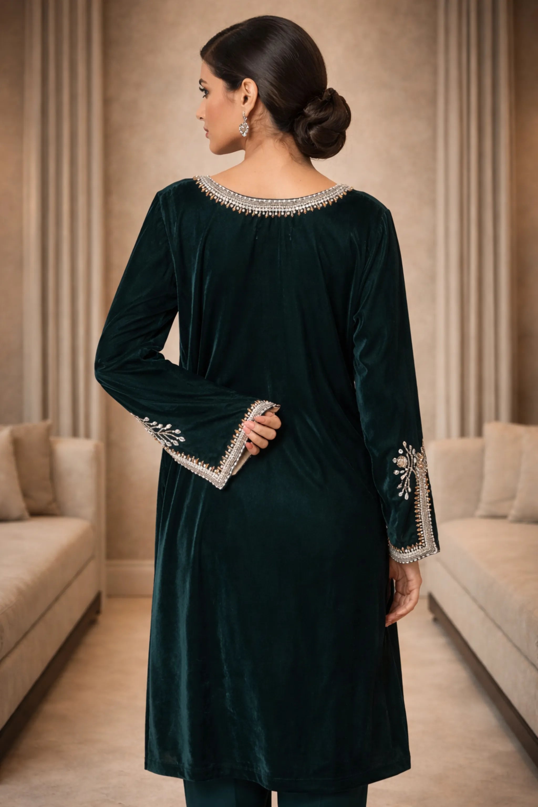 Zoya emerald green velvet embroidered suit back view
