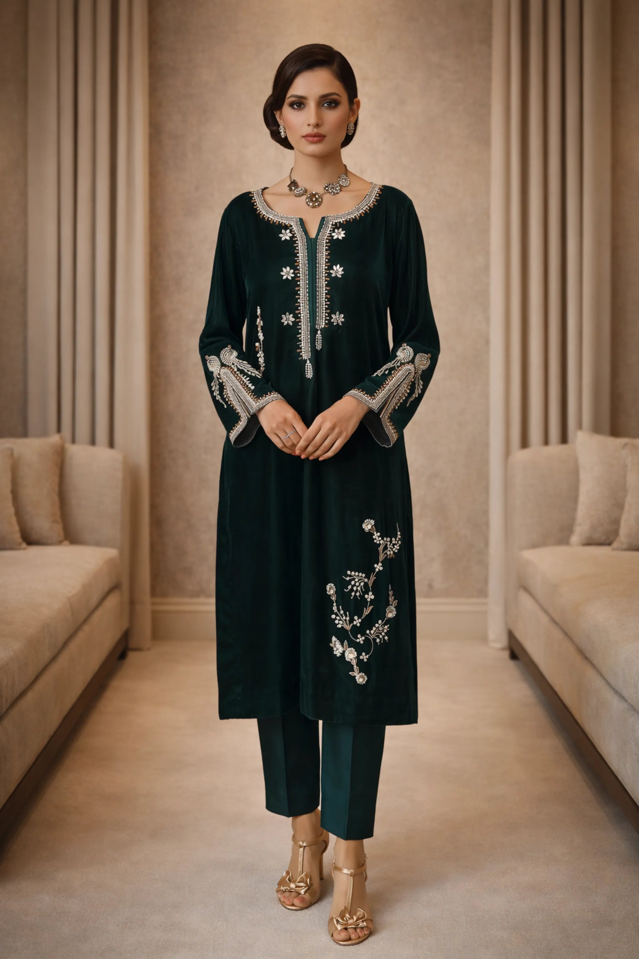 Zoya_emerald_green_velvet_embroidered_suit_front_view